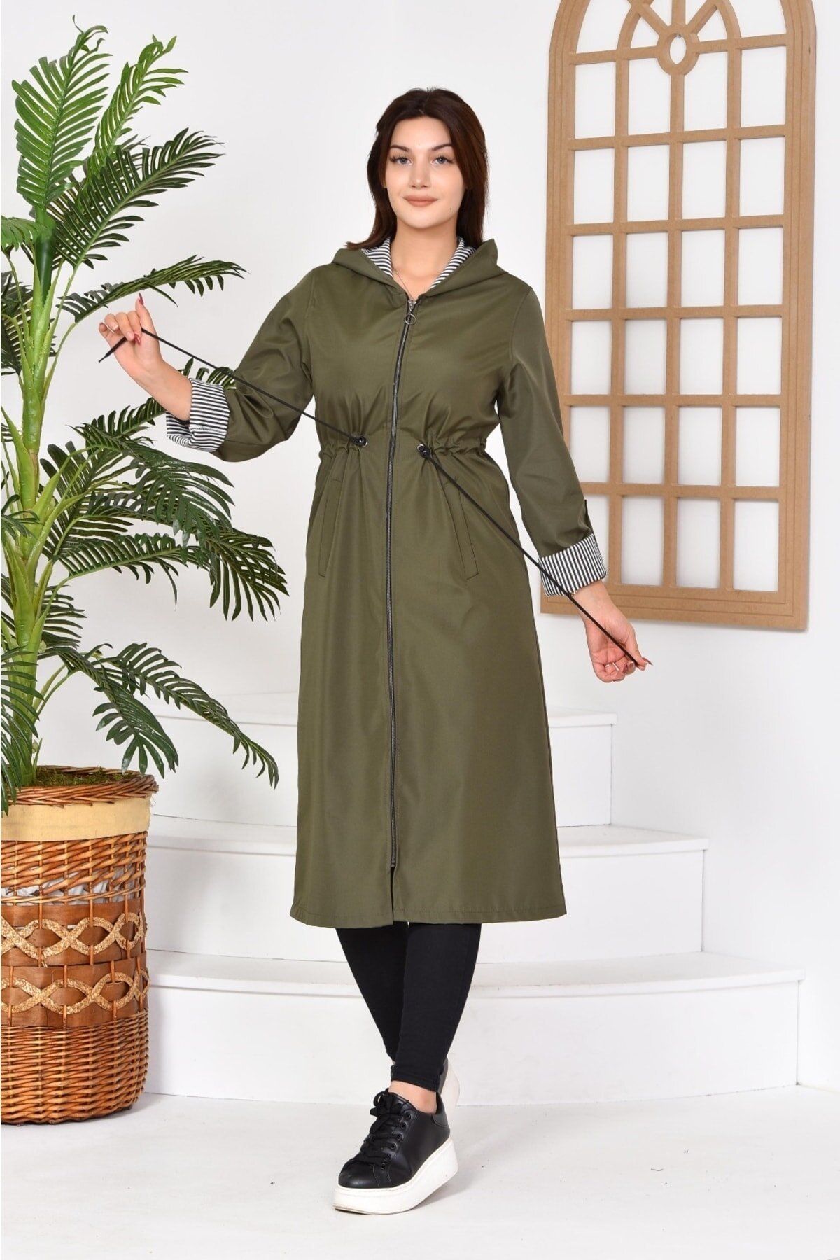 Long Bondit Fabric Trench Coat - Khaki - Butik