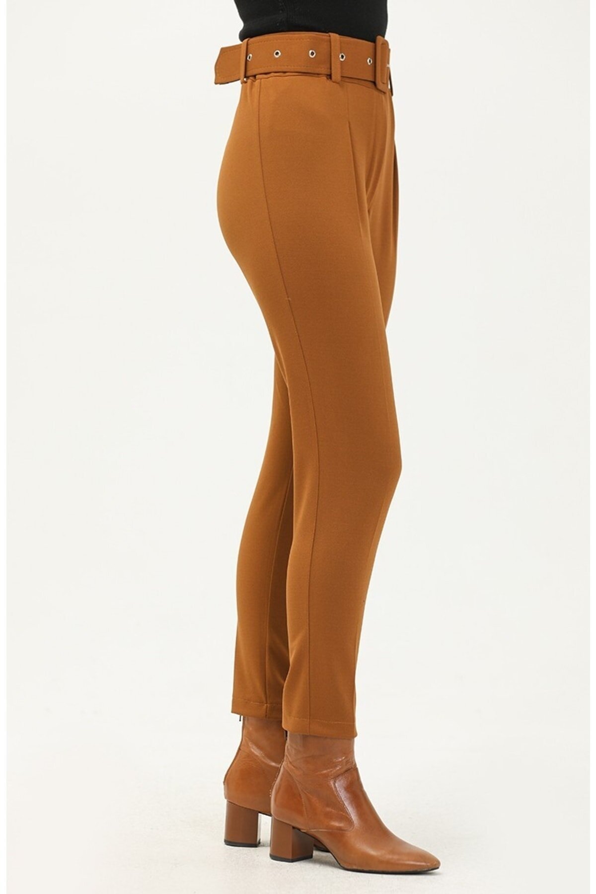 Slim Fit Scuba Crepe Belted Modest Pants - Mustard - Butik