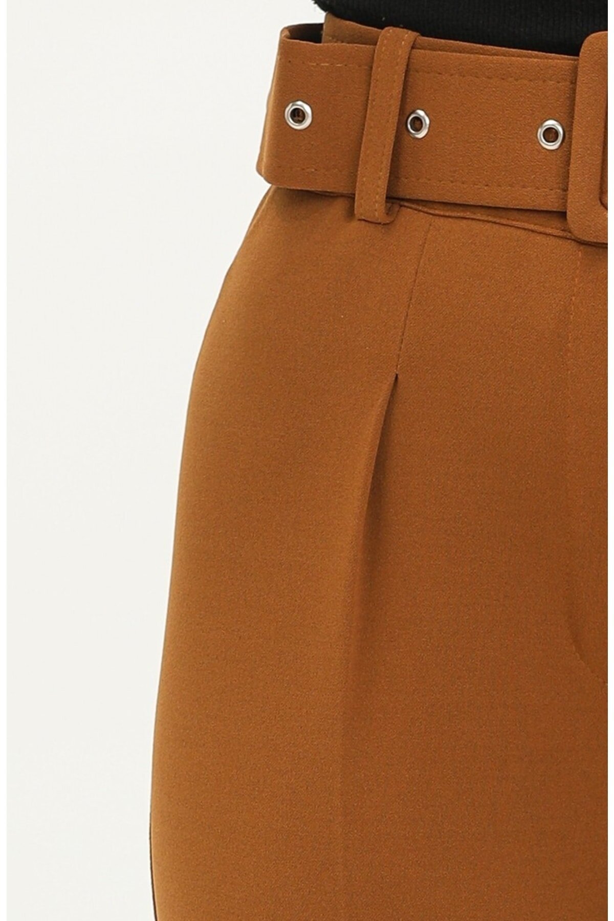 Slim Fit Scuba Crepe Belted Modest Pants - Mustard - Butik