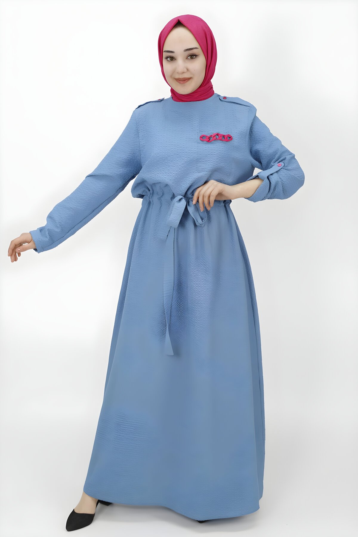 İndigo Bürümcük Kumaş Cep Zincir Detaylı Tesettür Elbise - Butik