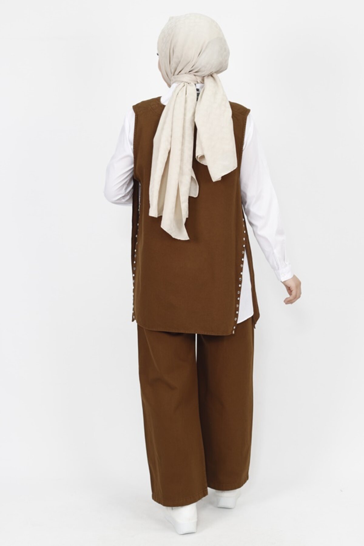 Three-Piece Denim Stone-Detail Modest Set - Brown - Butik