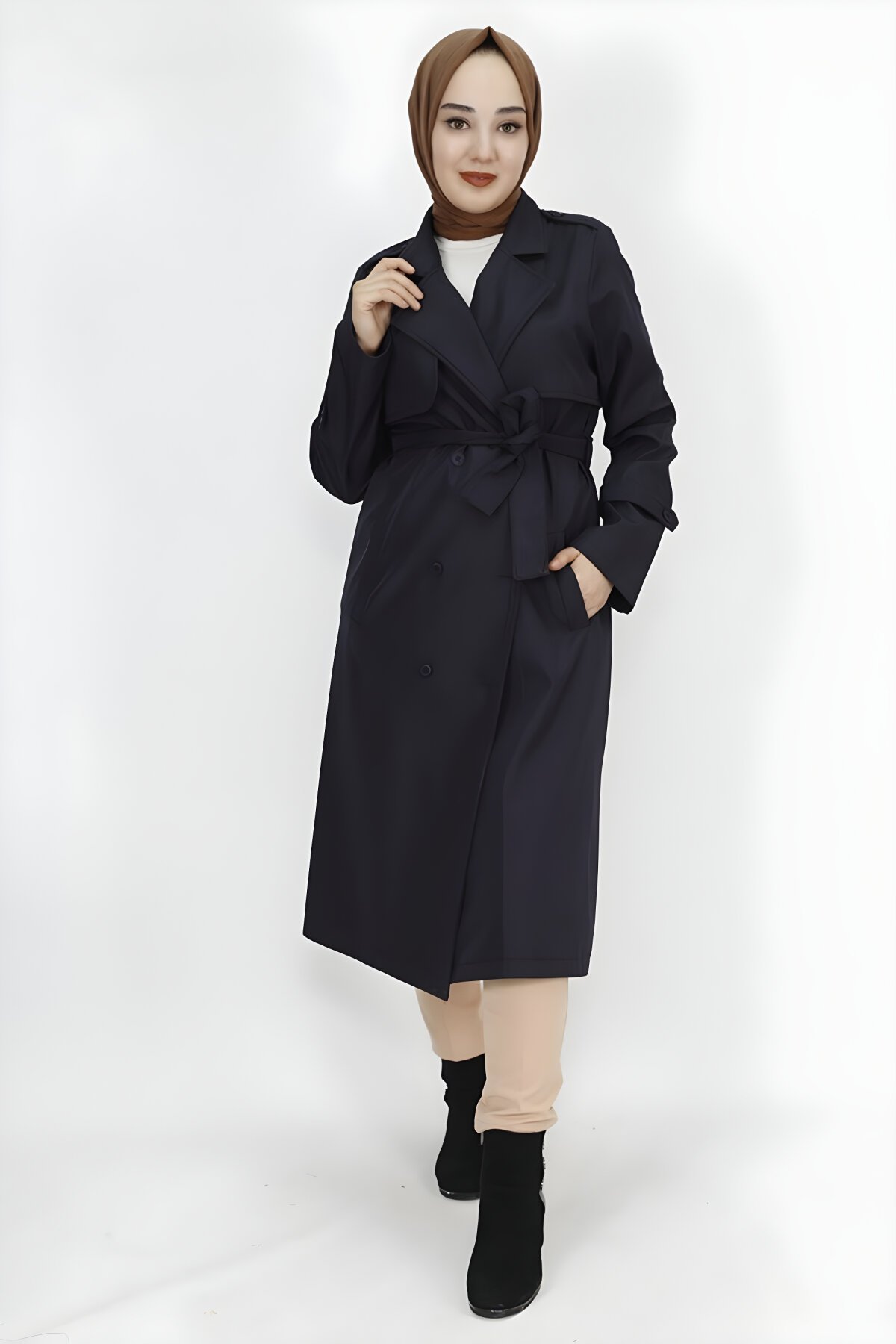 Lacivert Orta Boy Bondet Kumaş Beli Bağlamalı Trençkot - Butik