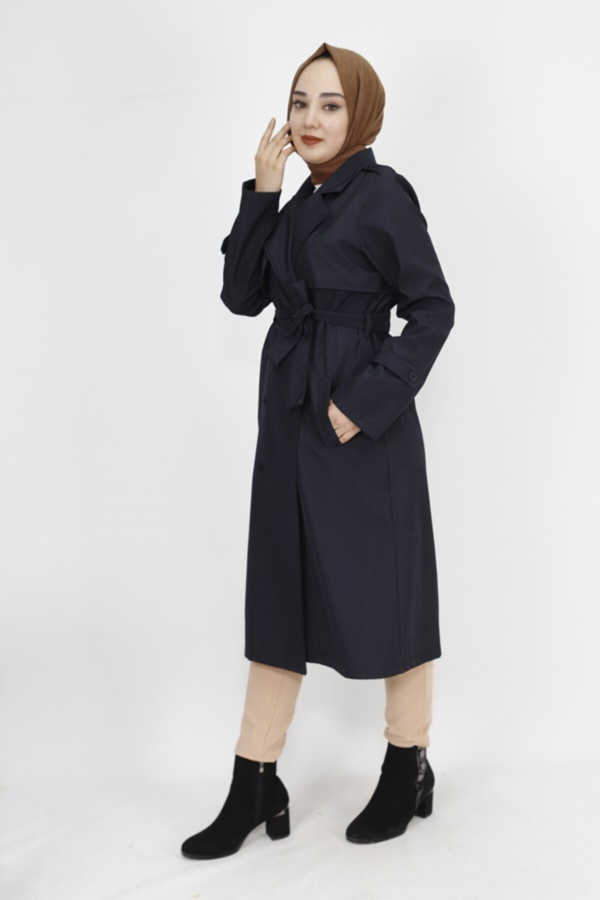 Mid-Length Bondet Fabric Tie-Waist Trench Coat - Navy Blue - Butik