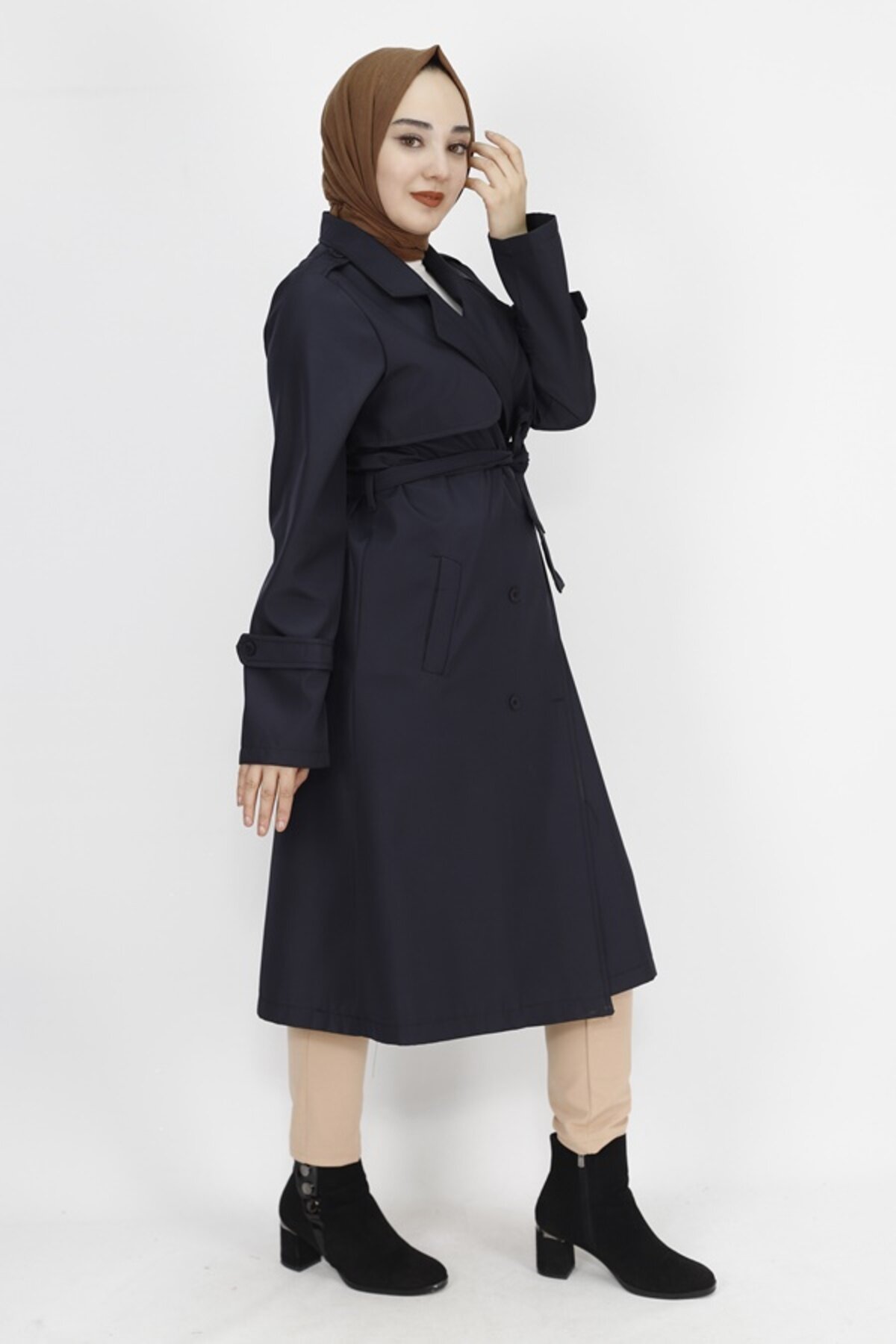 Mid-Length Bondet Fabric Tie-Waist Trench Coat - Navy Blue - Butik