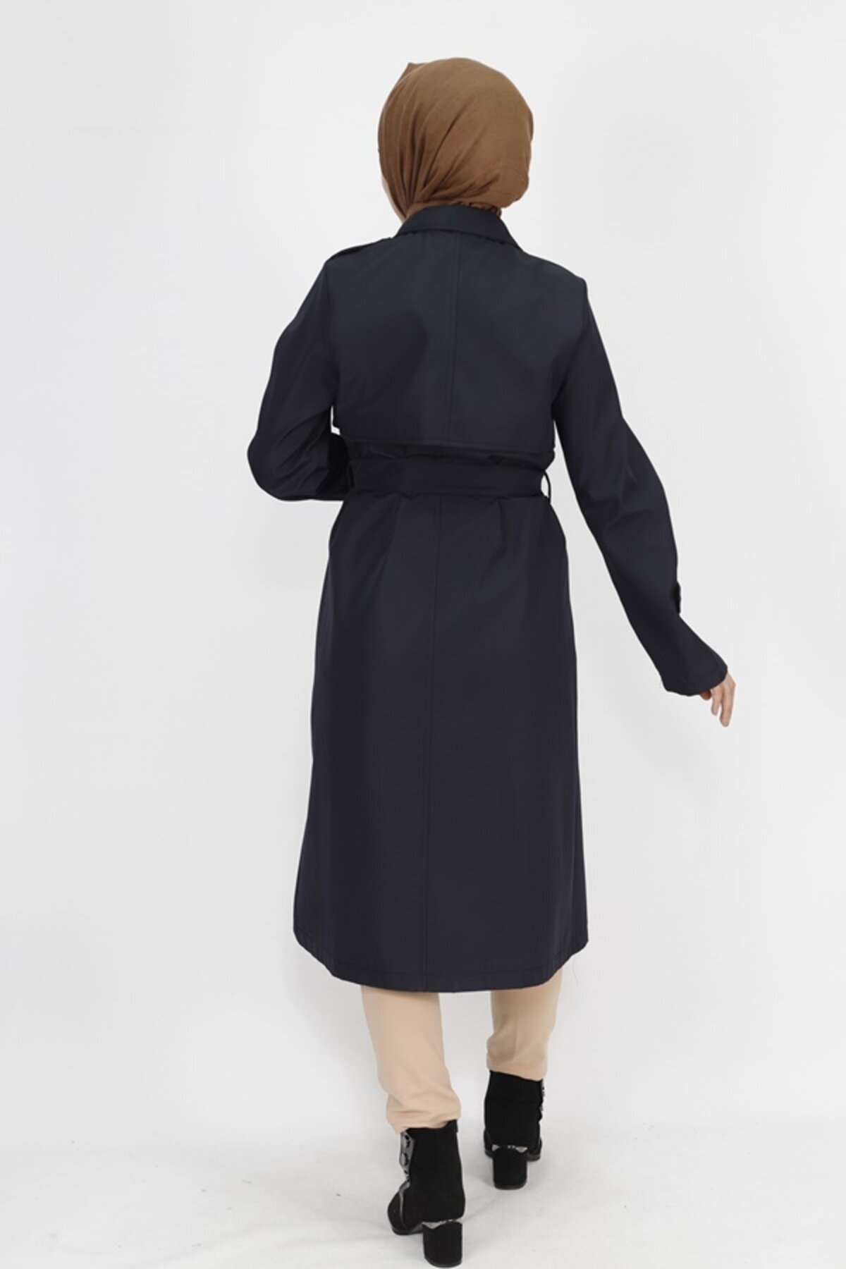 Mid-Length Bondet Fabric Tie-Waist Trench Coat - Navy Blue - Butik