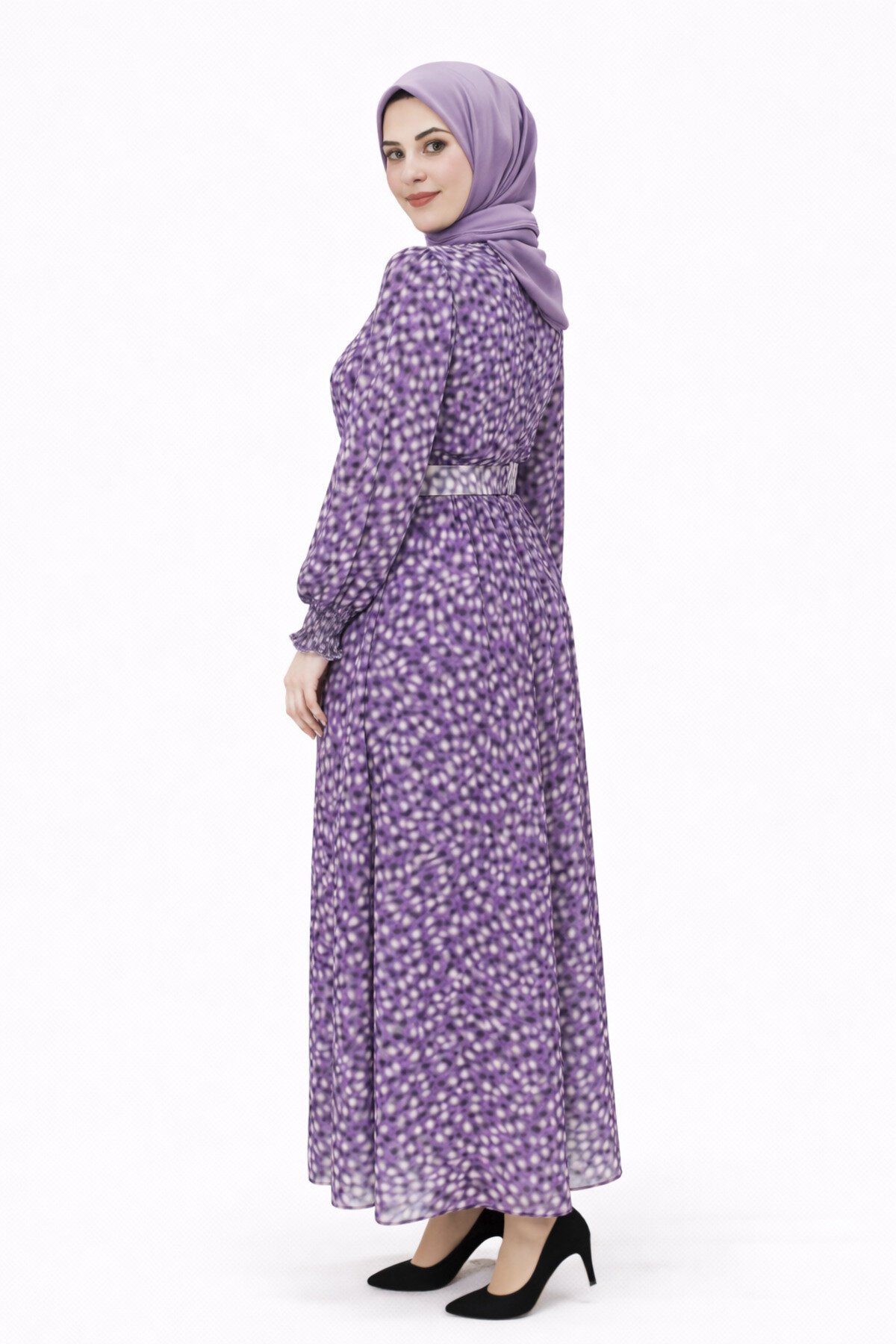 Lila Fırça Desenli Şifon Tesettür Elbise - Butik