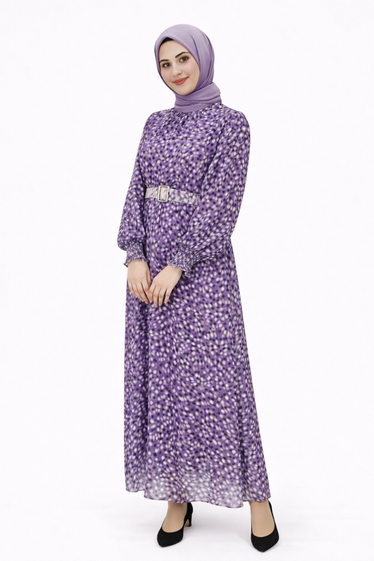 Lila Fırça Desenli Şifon Tesettür Elbise - Butik