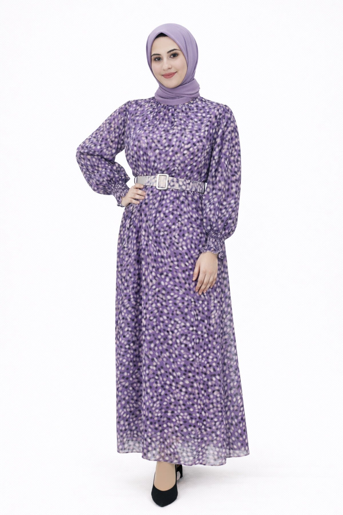 Lila Fırça Desenli Şifon Tesettür Elbise - Butik
