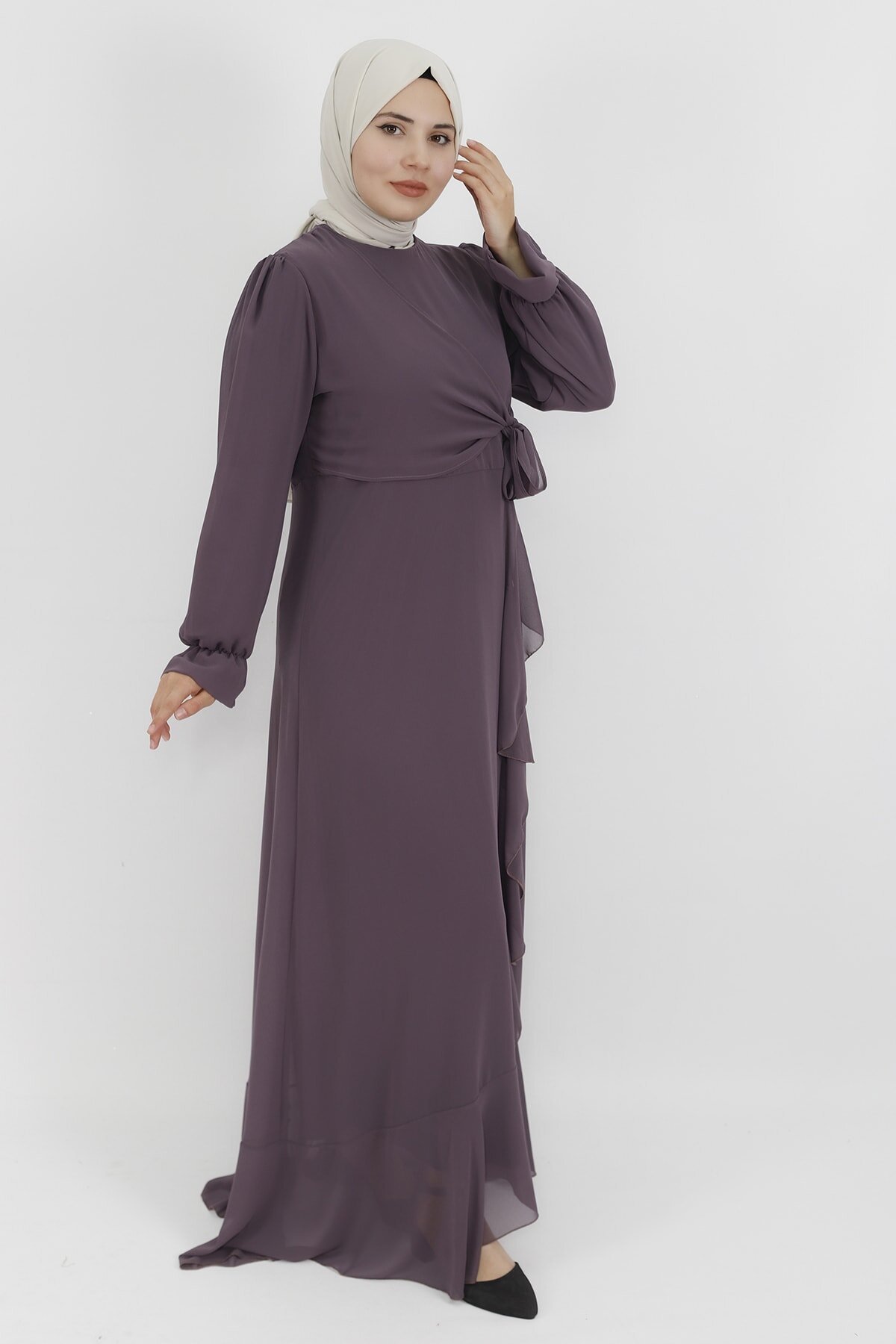 Lila Şifon Kumaş Fırfır Detaylı Tesettür Abiye Elbise - Butik