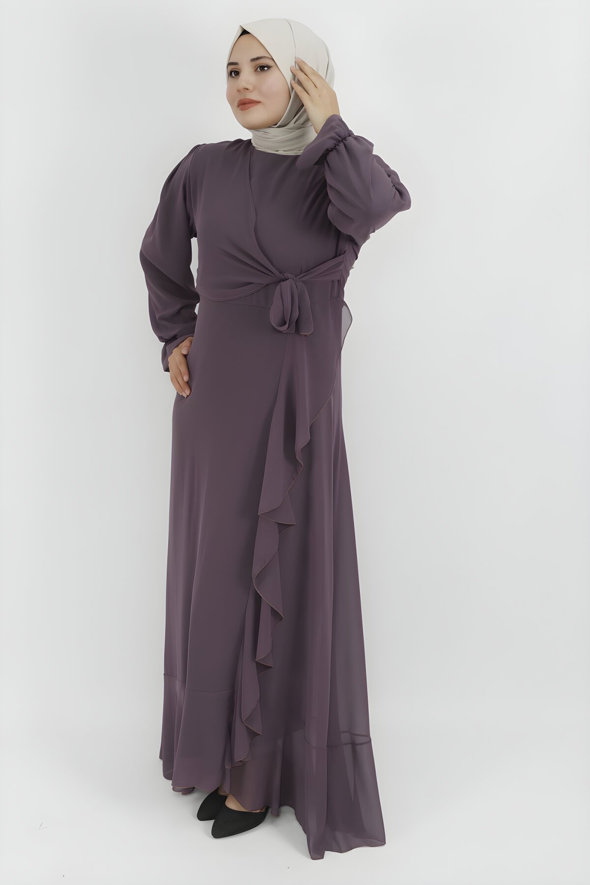 Lila Şifon Kumaş Fırfır Detaylı Tesettür Abiye Elbise - Butik