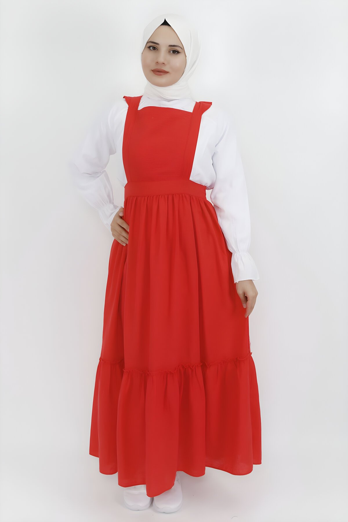 Mercan Keten Kumaş Gömlekli Jile Tesettür Elbise - Butik