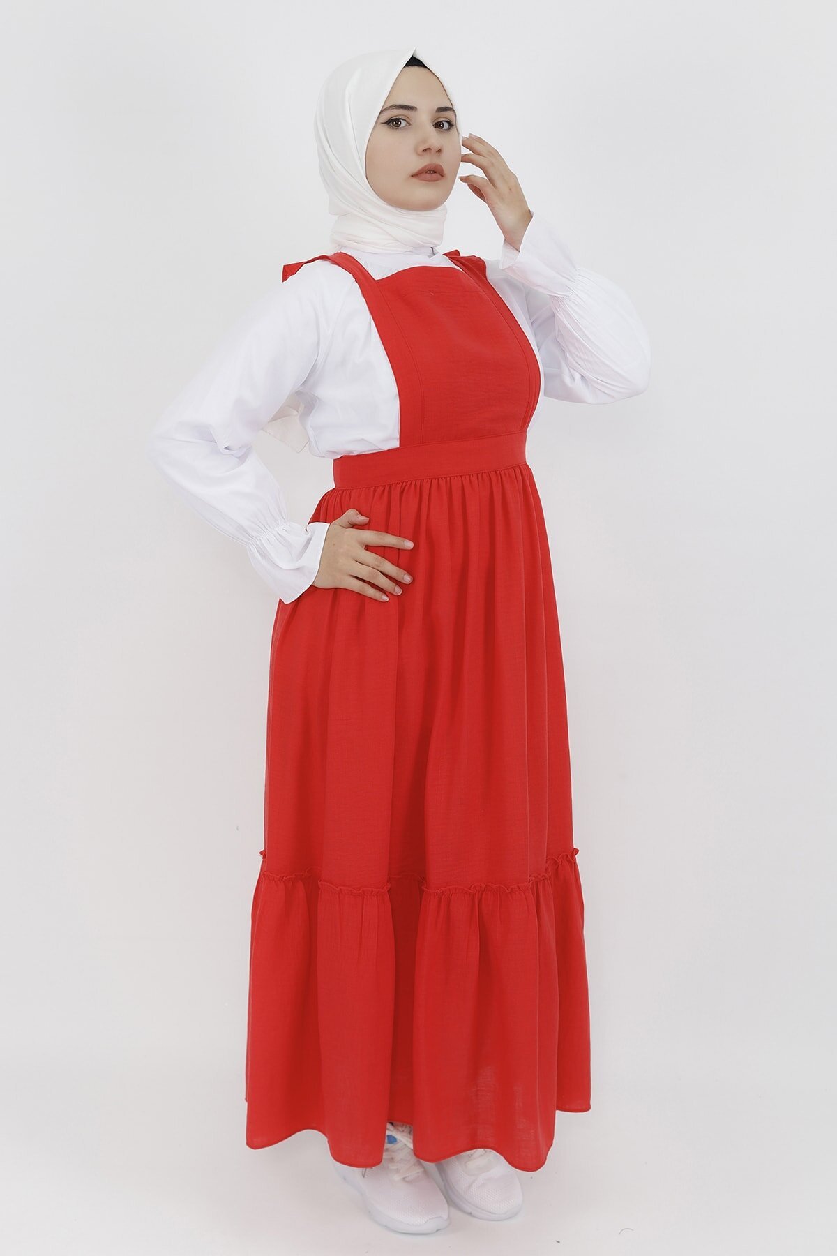 Linen Shirted Pinafore Modest Dress - Coral - Butik