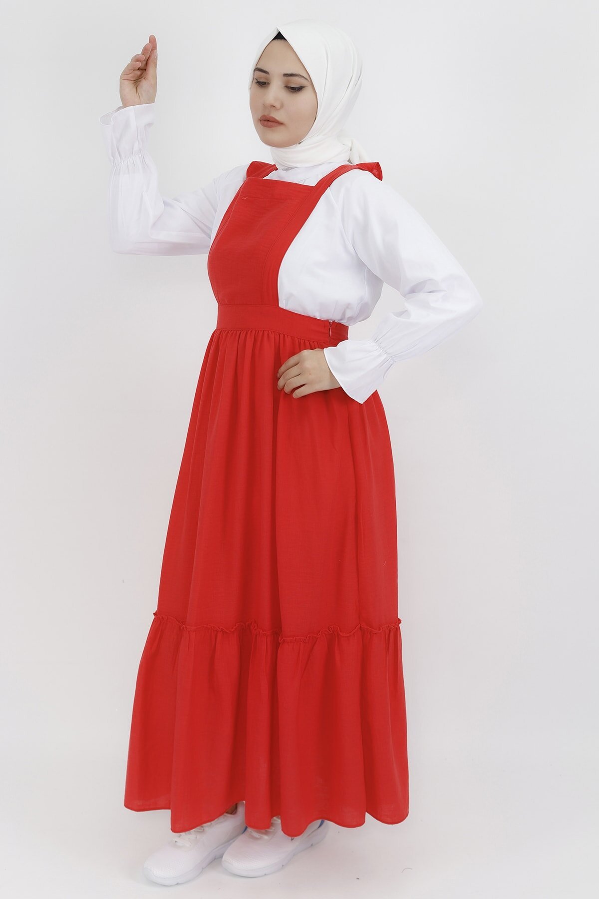 Linen Shirted Pinafore Modest Dress - Coral - Butik