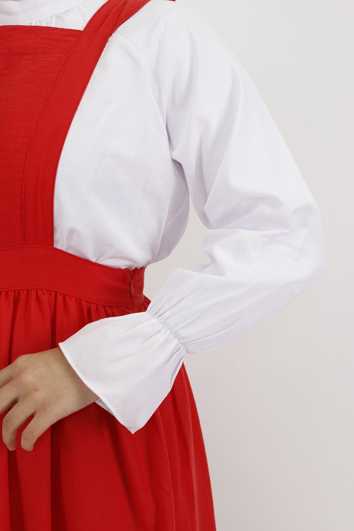 Linen Shirted Pinafore Modest Dress - Coral - Butik
