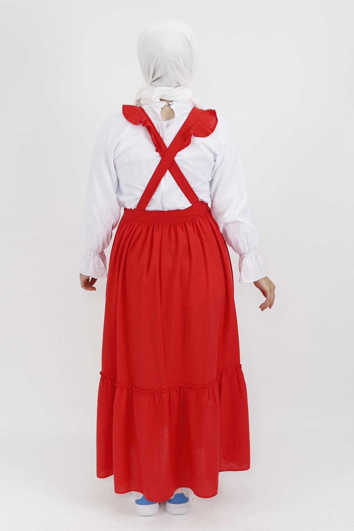 Linen Shirted Pinafore Modest Dress - Coral - Butik