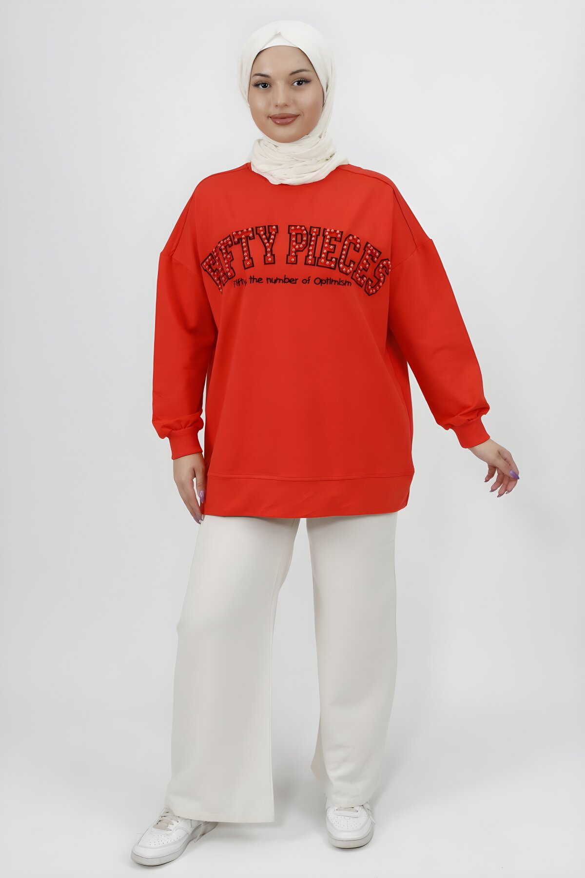 Oranj 2iplik Boncuk ve Nakış Detaylı Tesettür Tunik - Butik