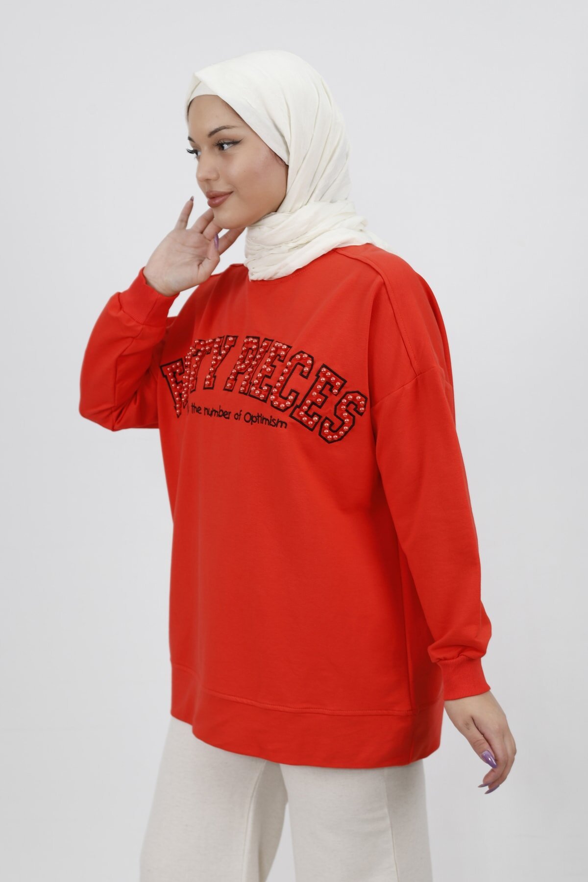 2-Thread Knit Modest Tunic with Bead and Embroidery Detail - Orange - Butik