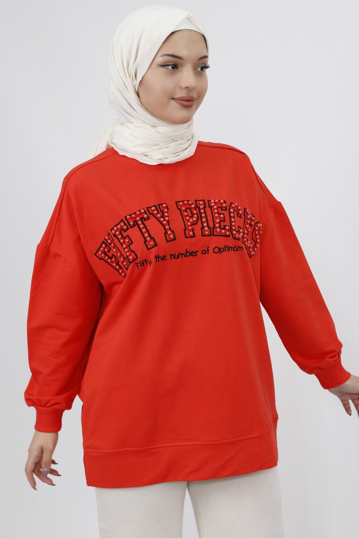 2-Thread Knit Modest Tunic with Bead and Embroidery Detail - Orange - Butik