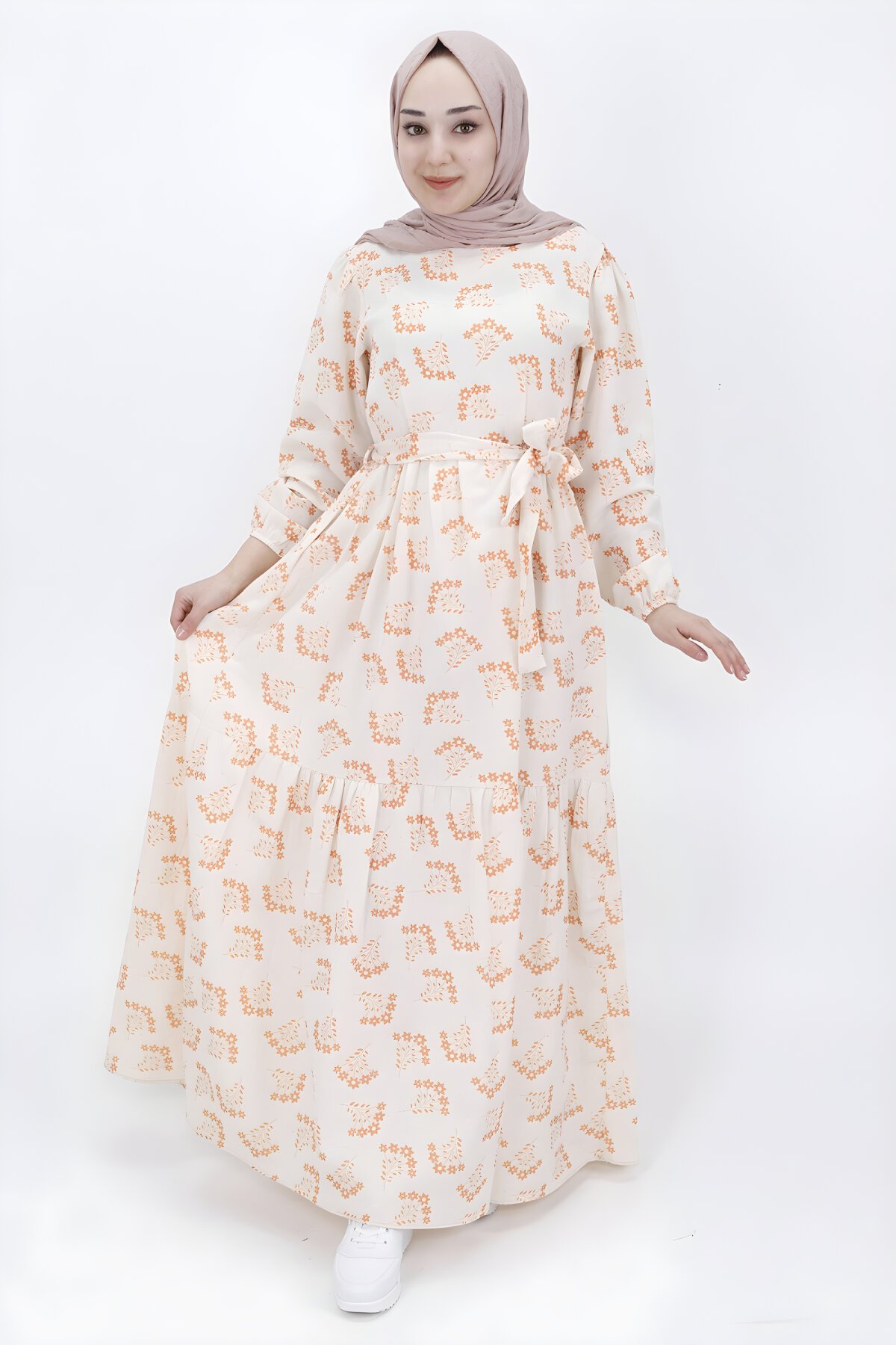 Floral Patterned Linen Modest Dress - Orange - Butik