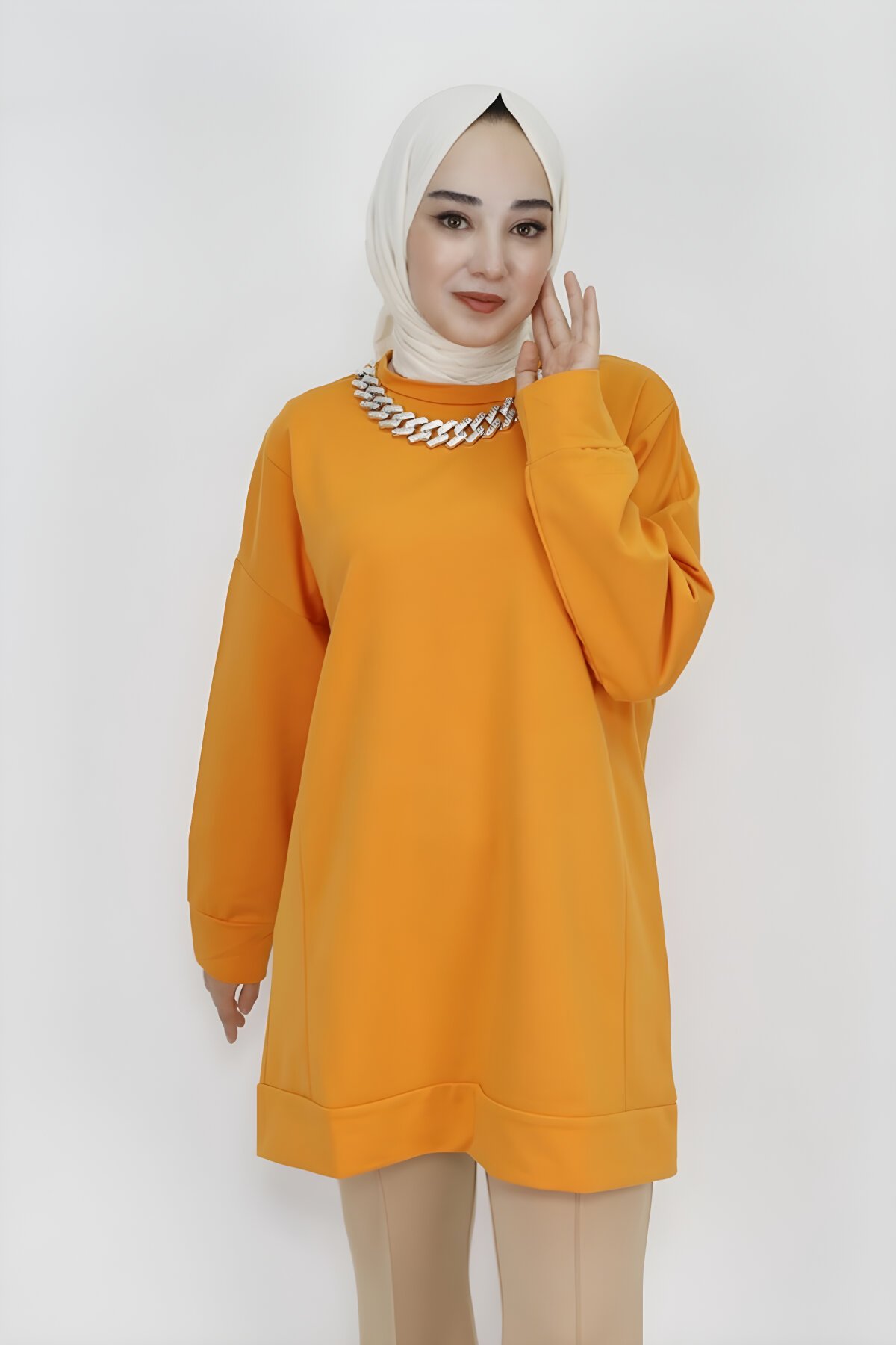 Oranj İki İp Kumaş Zincir Detaylı Tesettür Tunik - Butik