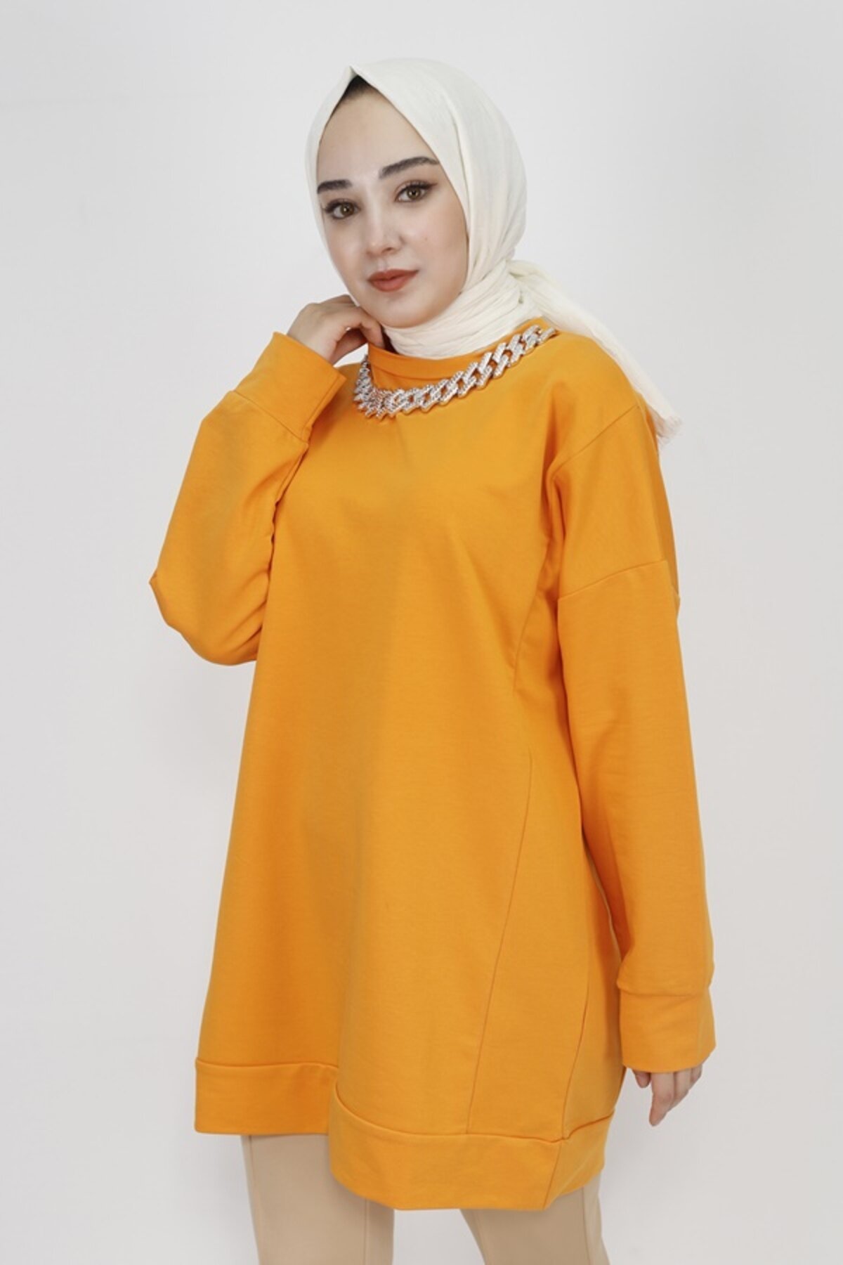 Double Yarn Knit Chain-Detail Modest Tunic - Orange - Butik
