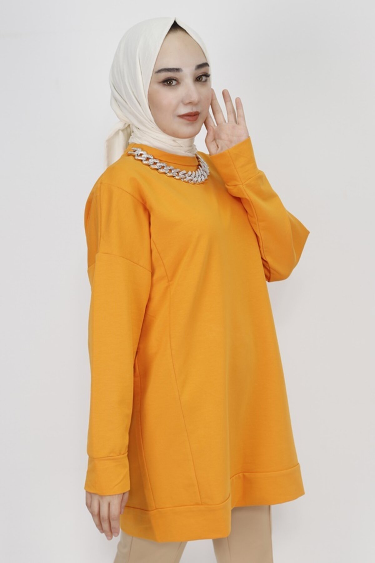Double Yarn Knit Chain-Detail Modest Tunic - Orange - Butik
