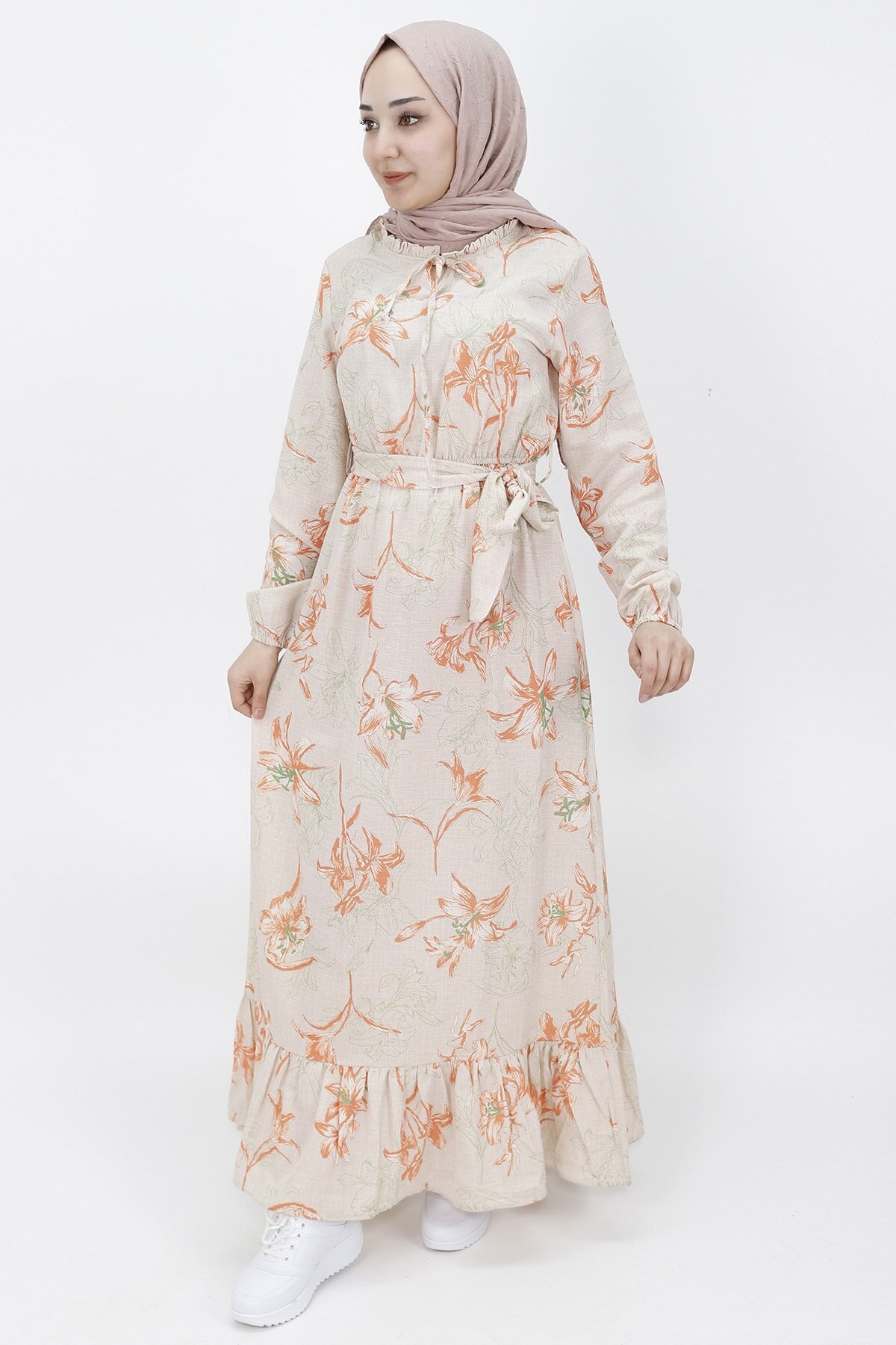 Oranj Keten Fırfırlı Yaka Tesettür Elbise - Butik
