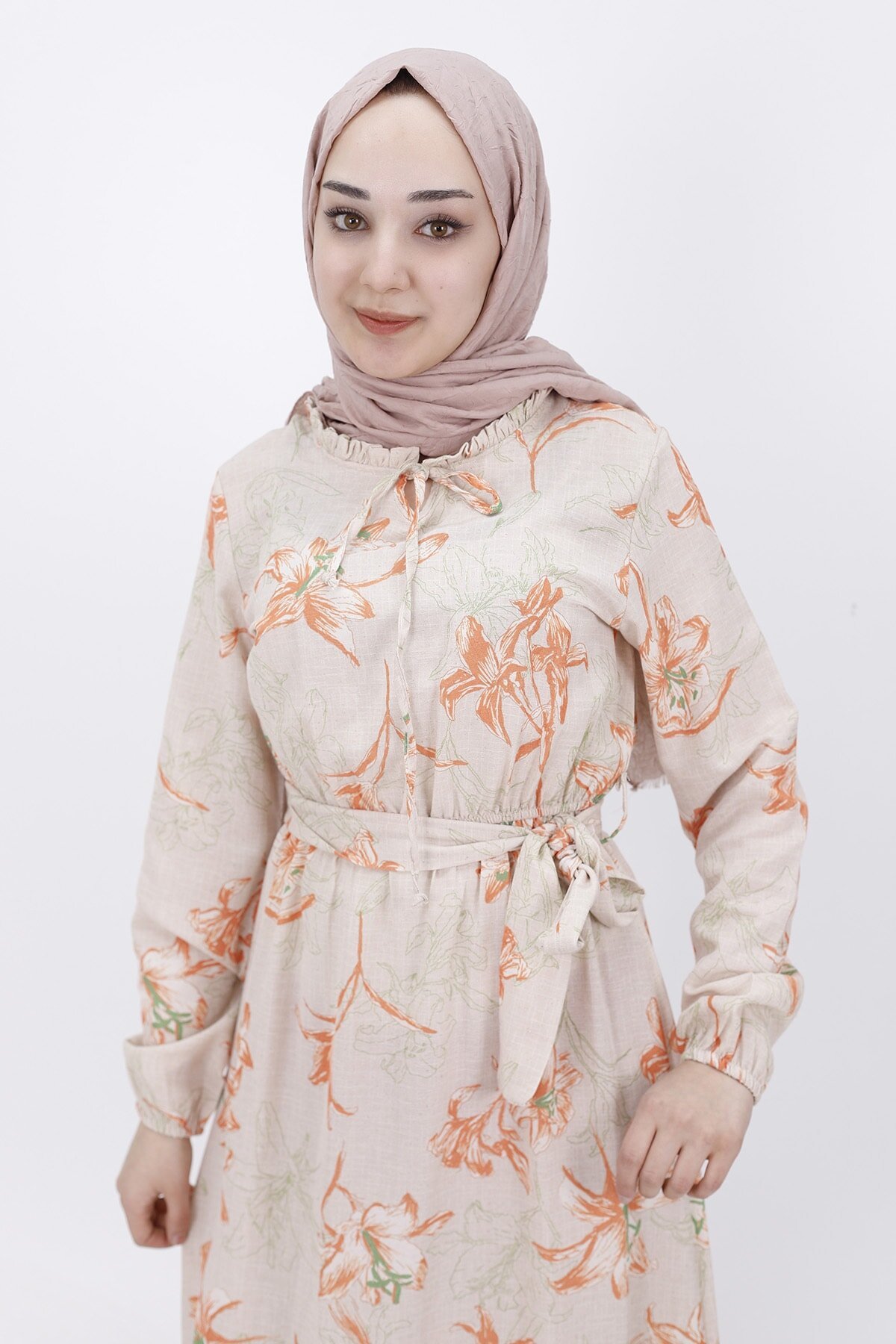 Oranj Keten Fırfırlı Yaka Tesettür Elbise - Butik