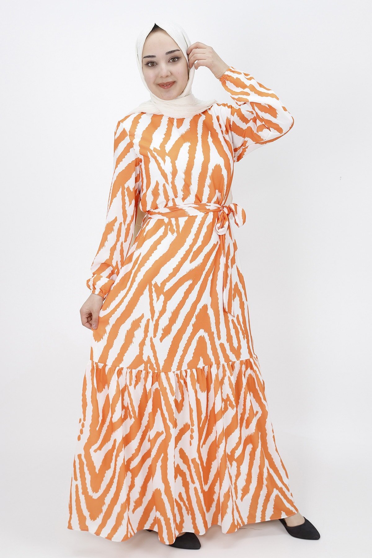 Oranj Zebra Desenli Şifon Tesettür Elbise - Butik