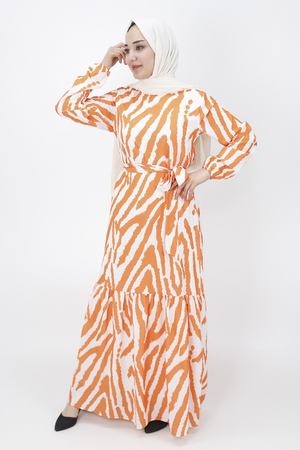 Oranj Zebra Desenli Şifon Tesettür Elbise - Butik