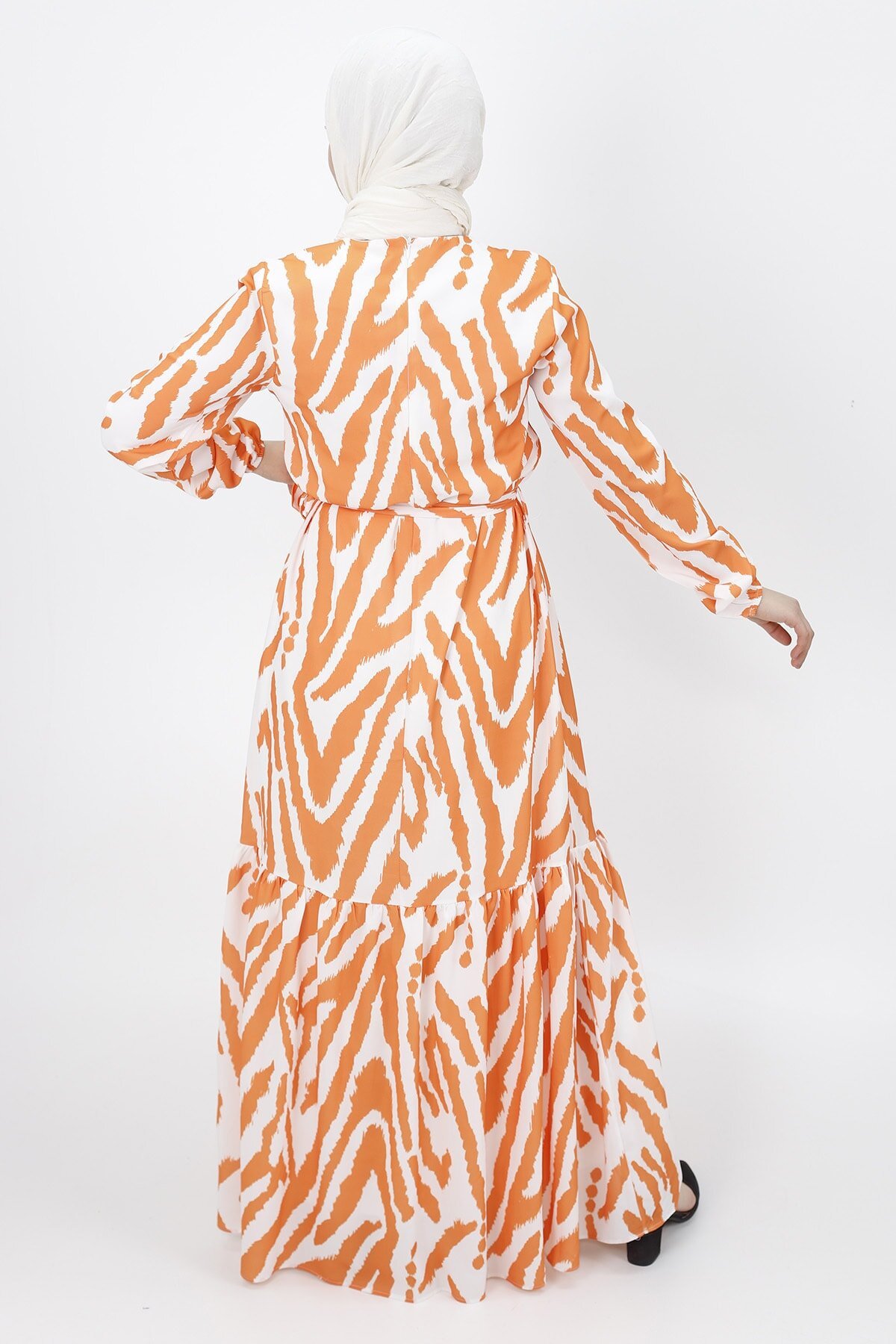 Oranj Zebra Desenli Şifon Tesettür Elbise - Butik