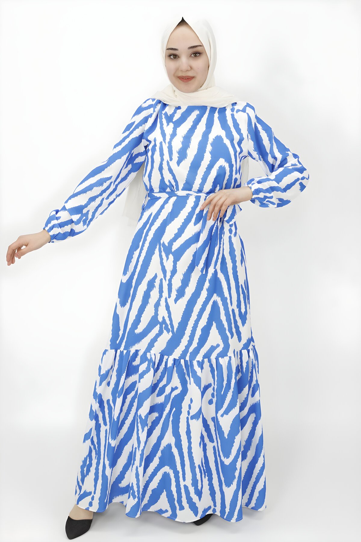 Saks Zebra Desenli Şifon Tesettür Elbise - Butik