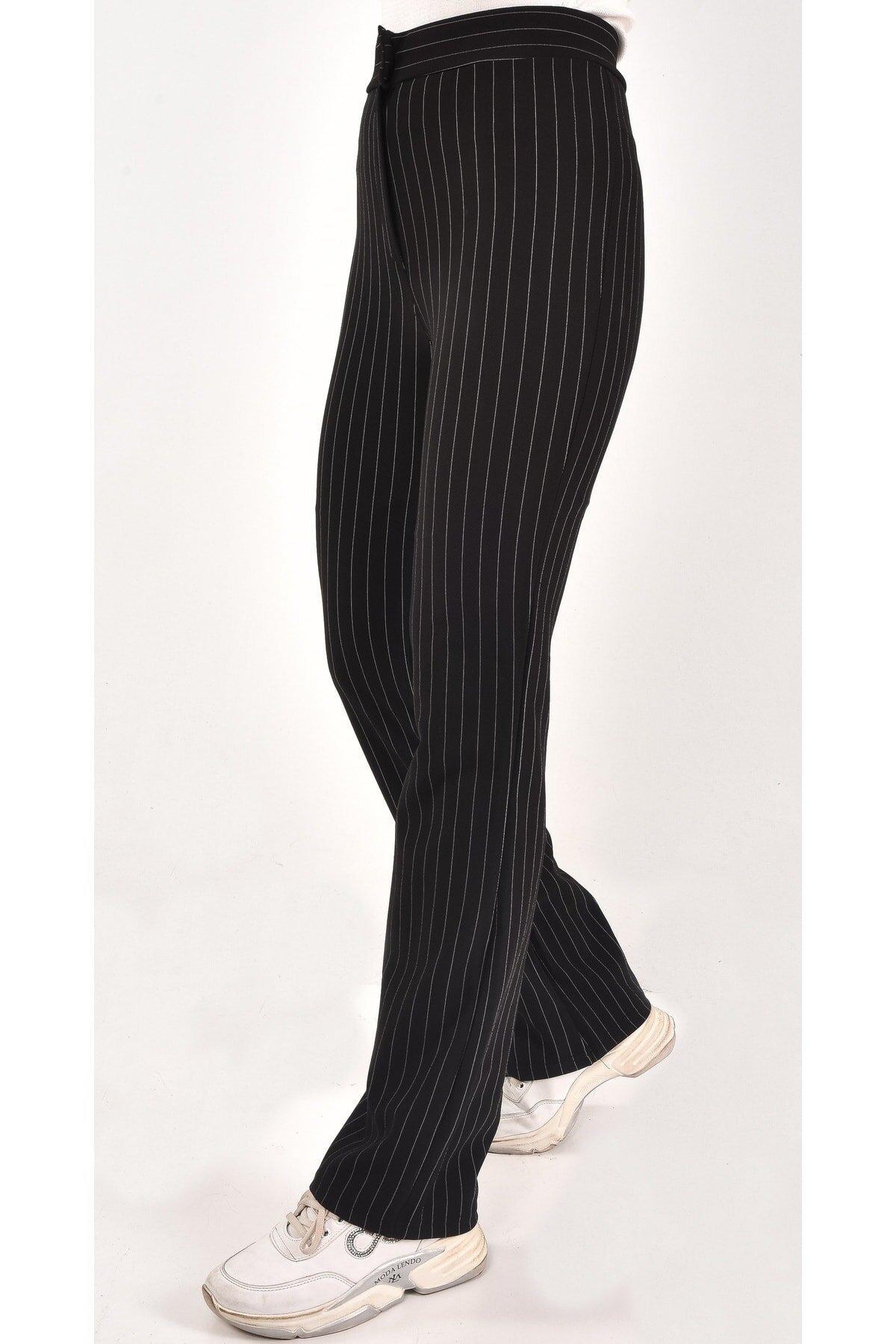 Straight Leg Striped Modest Pants - Black - Butik