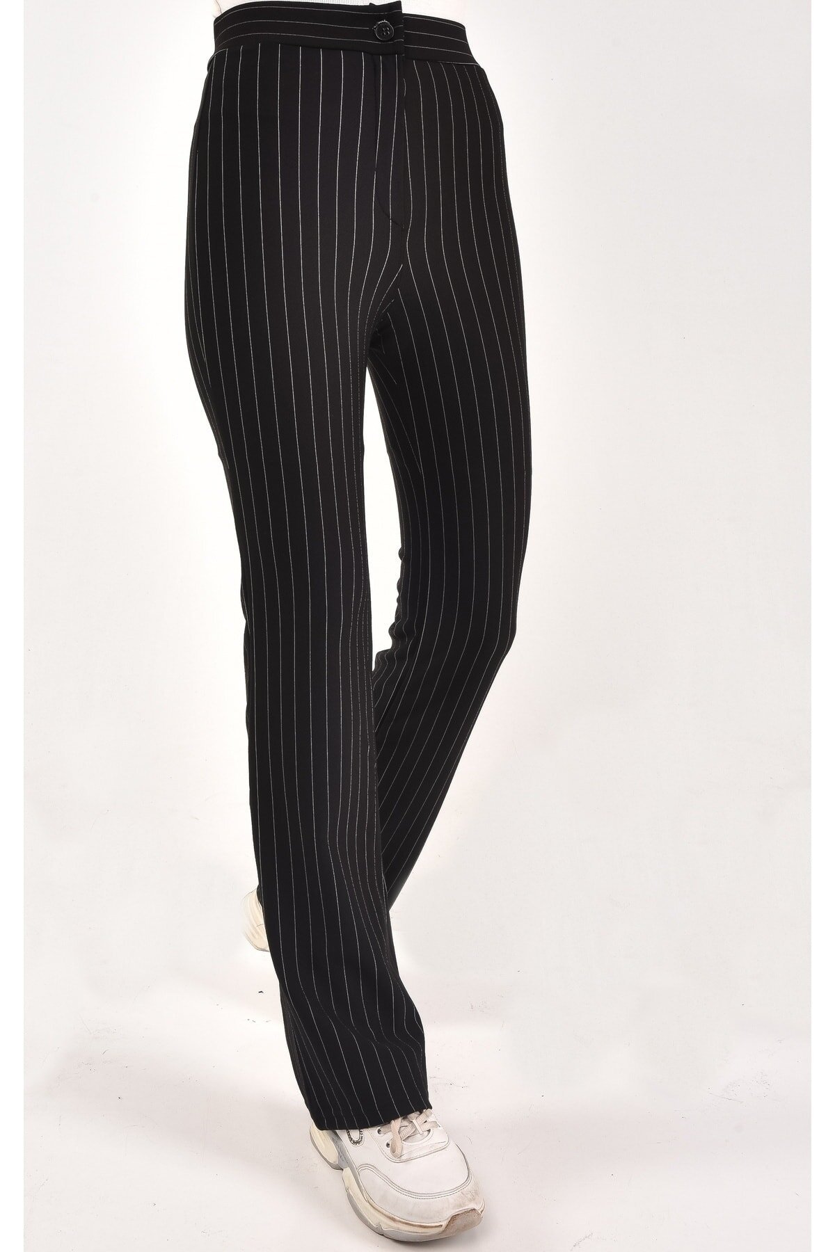 Straight Leg Striped Modest Pants - Black - Butik