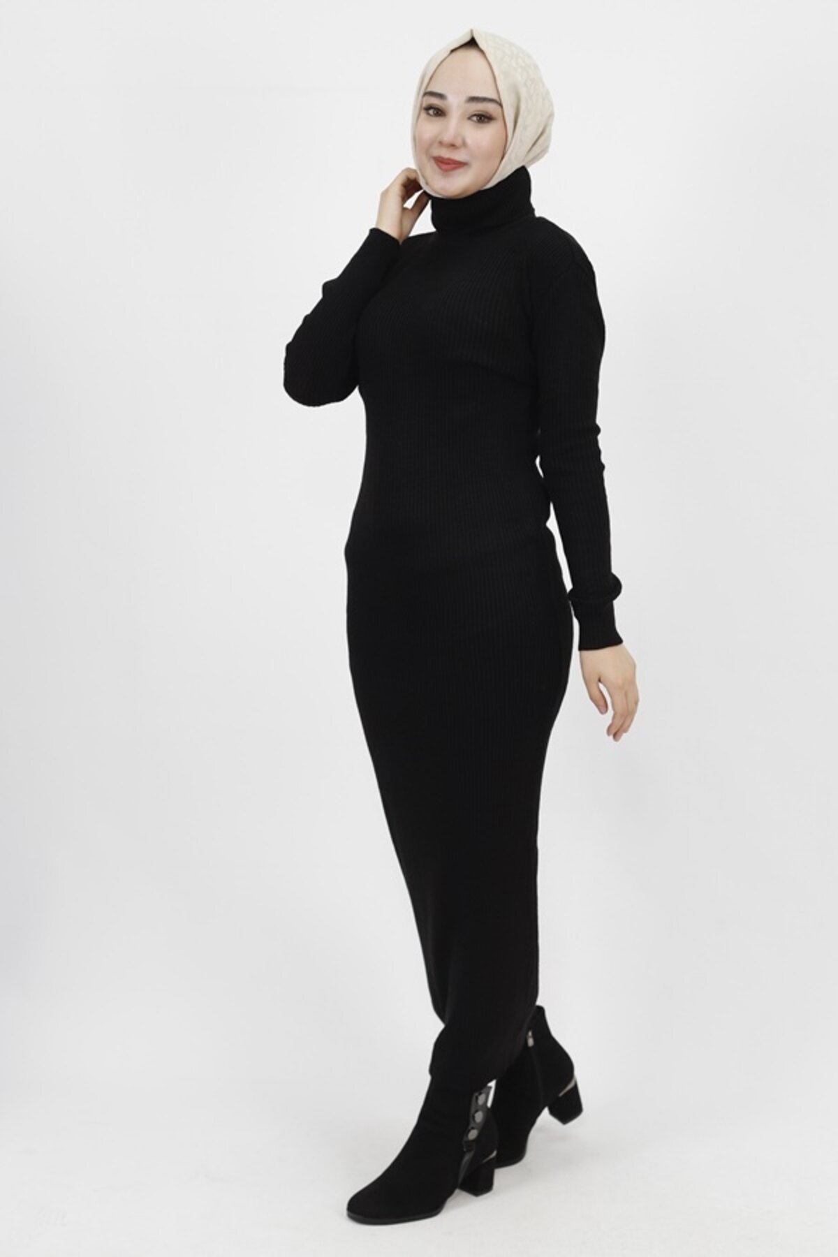Ribbed Knit Turtleneck Modest Dress - Black - Butik