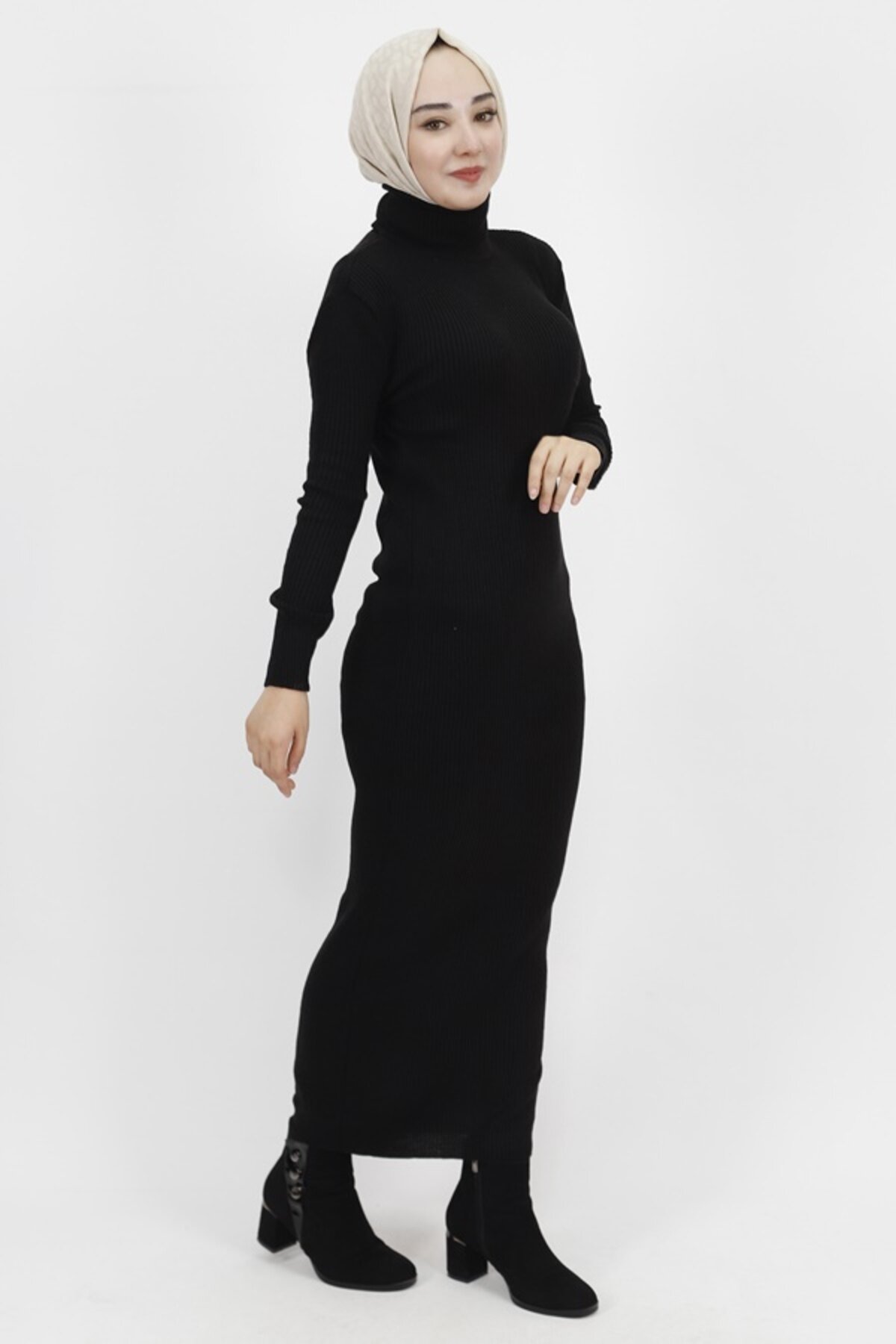 Ribbed Knit Turtleneck Modest Dress - Black - Butik