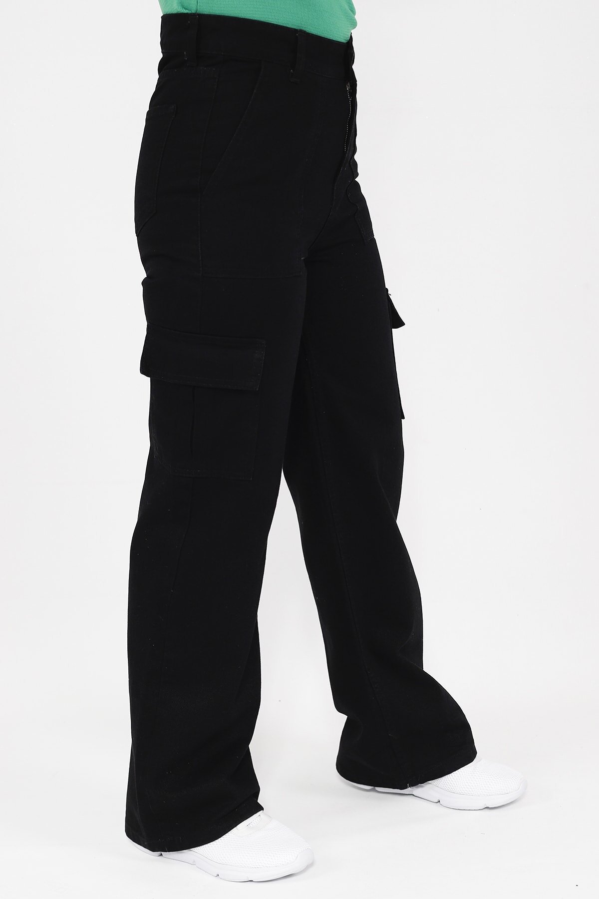 Wide-Leg Denim Cargo Pocket Modest Pants - Black - Butik