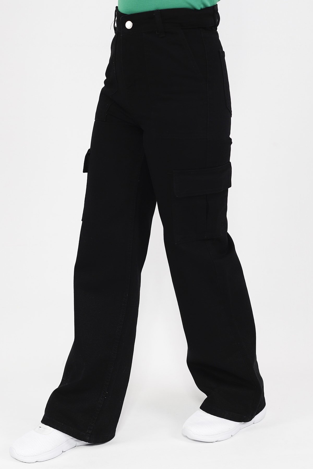 Wide-Leg Denim Cargo Pocket Modest Pants - Black - Butik