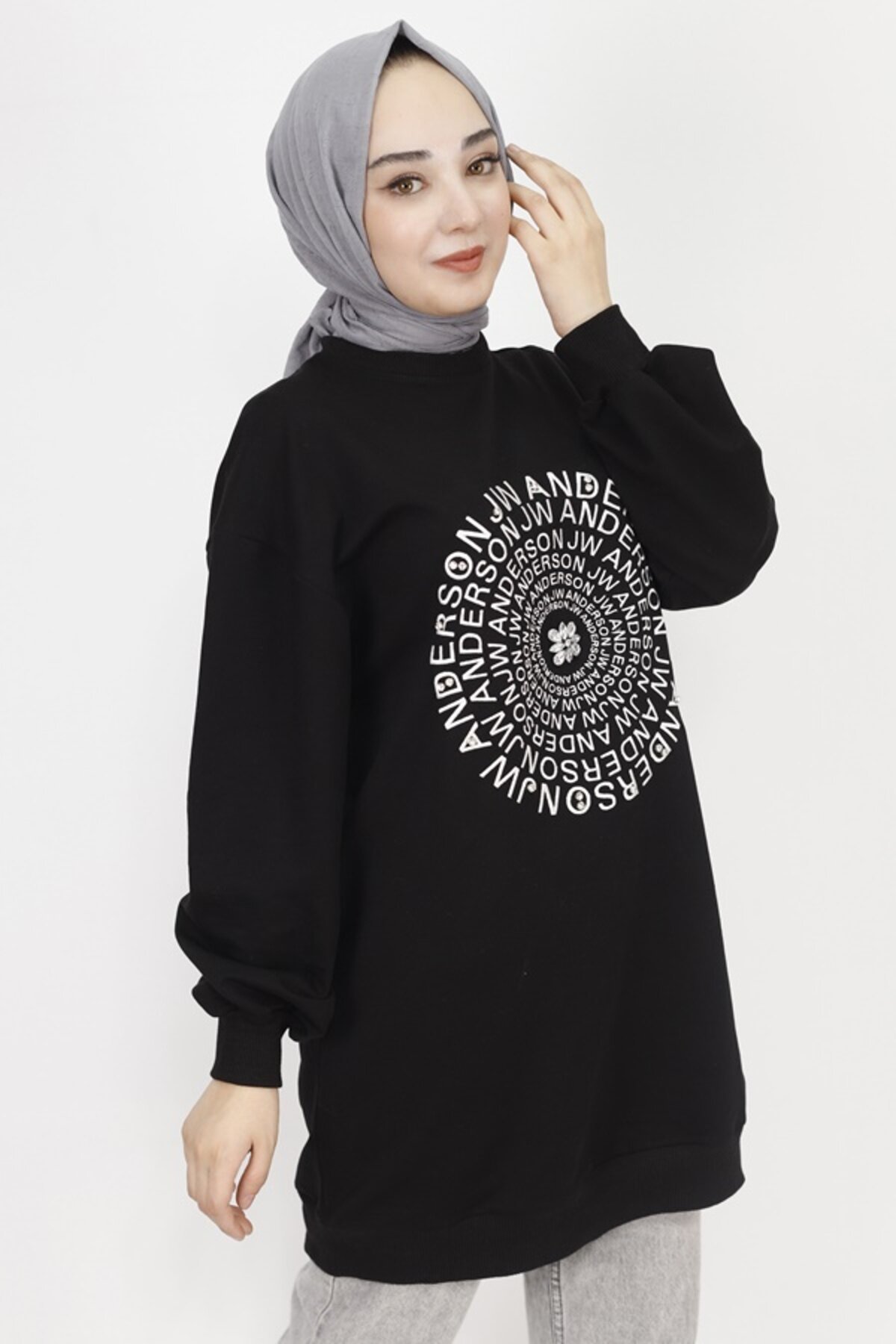 Double Thread Knit Modest Tunic with Stone Detail and Embroidery Lettering - Black - Butik