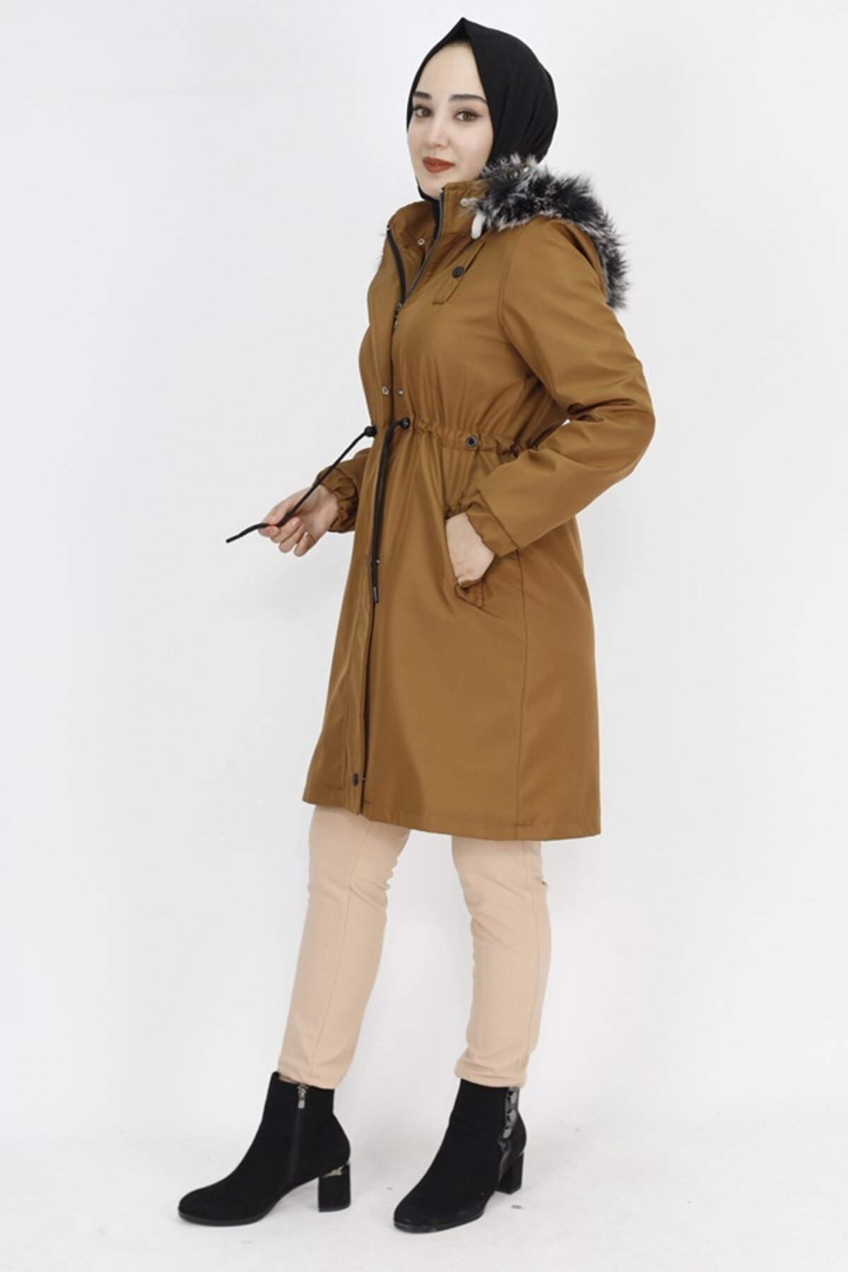 Mid-Length Bonded Fabric Modest Winter Coat - Tan - Butik