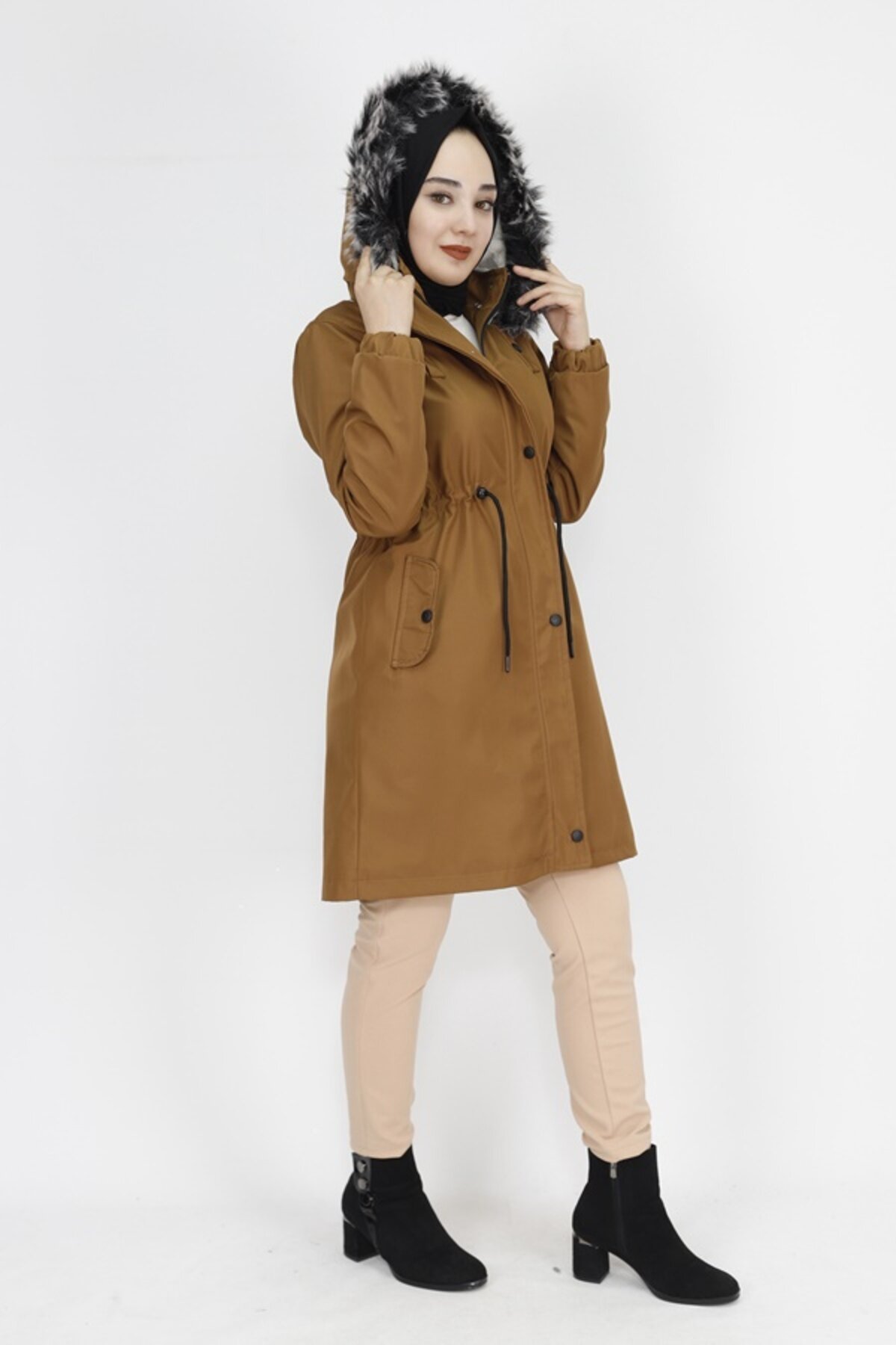 Mid-Length Bonded Fabric Modest Winter Coat - Tan - Butik