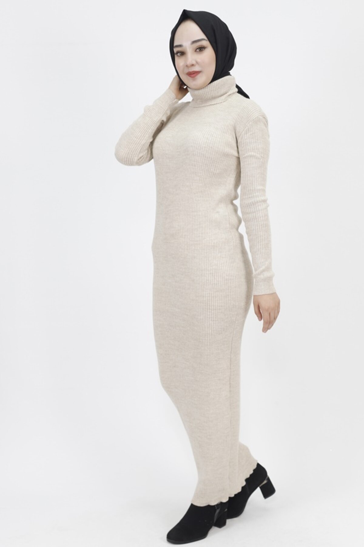 Ribbed Knit Turtleneck Modest Dress - Stone - Butik