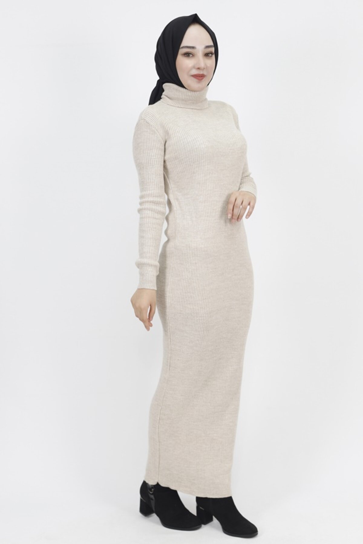Ribbed Knit Turtleneck Modest Dress - Stone - Butik