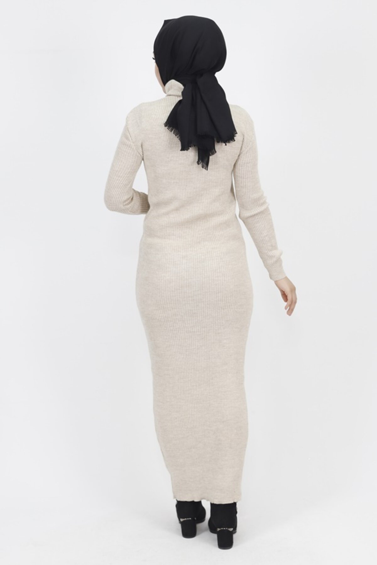 Ribbed Knit Turtleneck Modest Dress - Stone - Butik