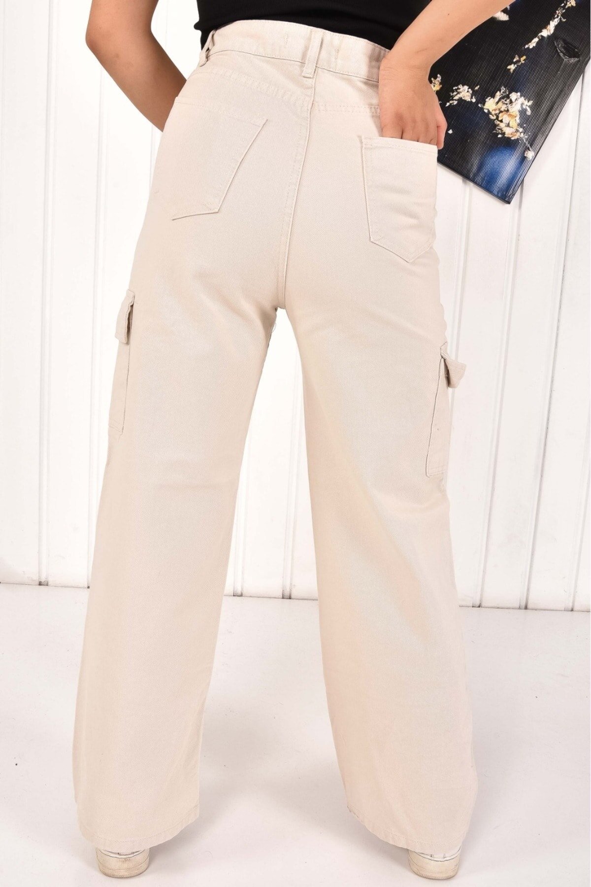 Wide Leg Denim Cargo Pocket Modest Pants - Stone - Butik