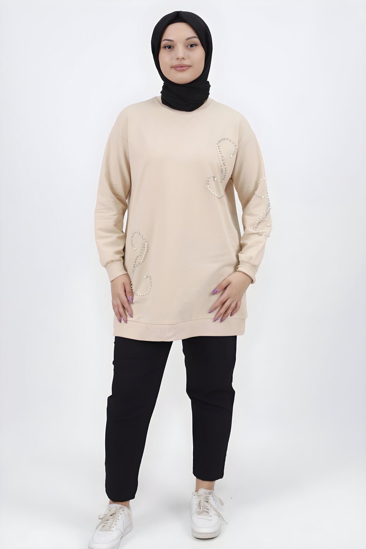 Taş İnci Detaylı İki İplik Tesettür Tunik - Butik