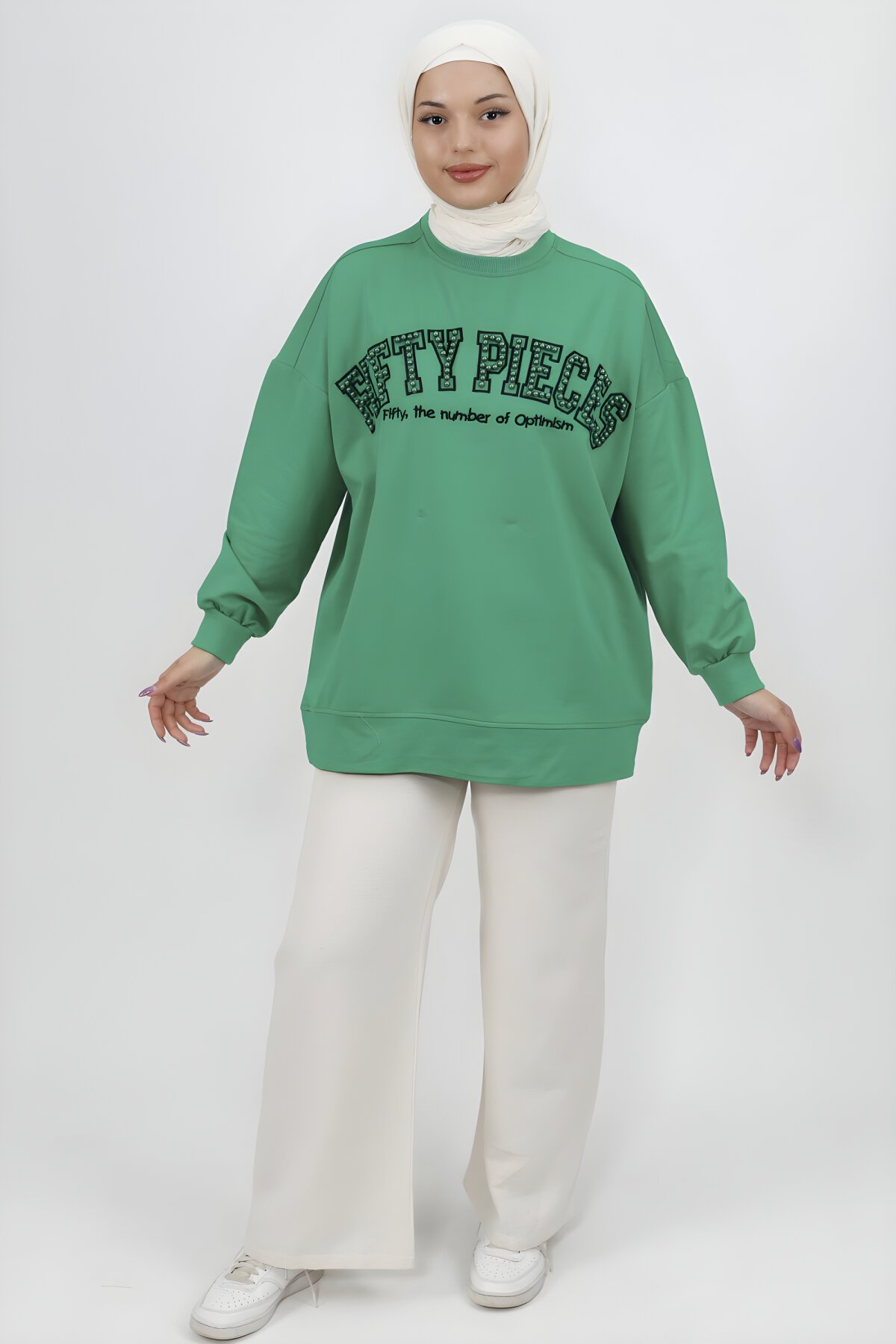 Yeşil Boncuk Nakış Detaylı 2 İplik Tesettür Tunik - Butik