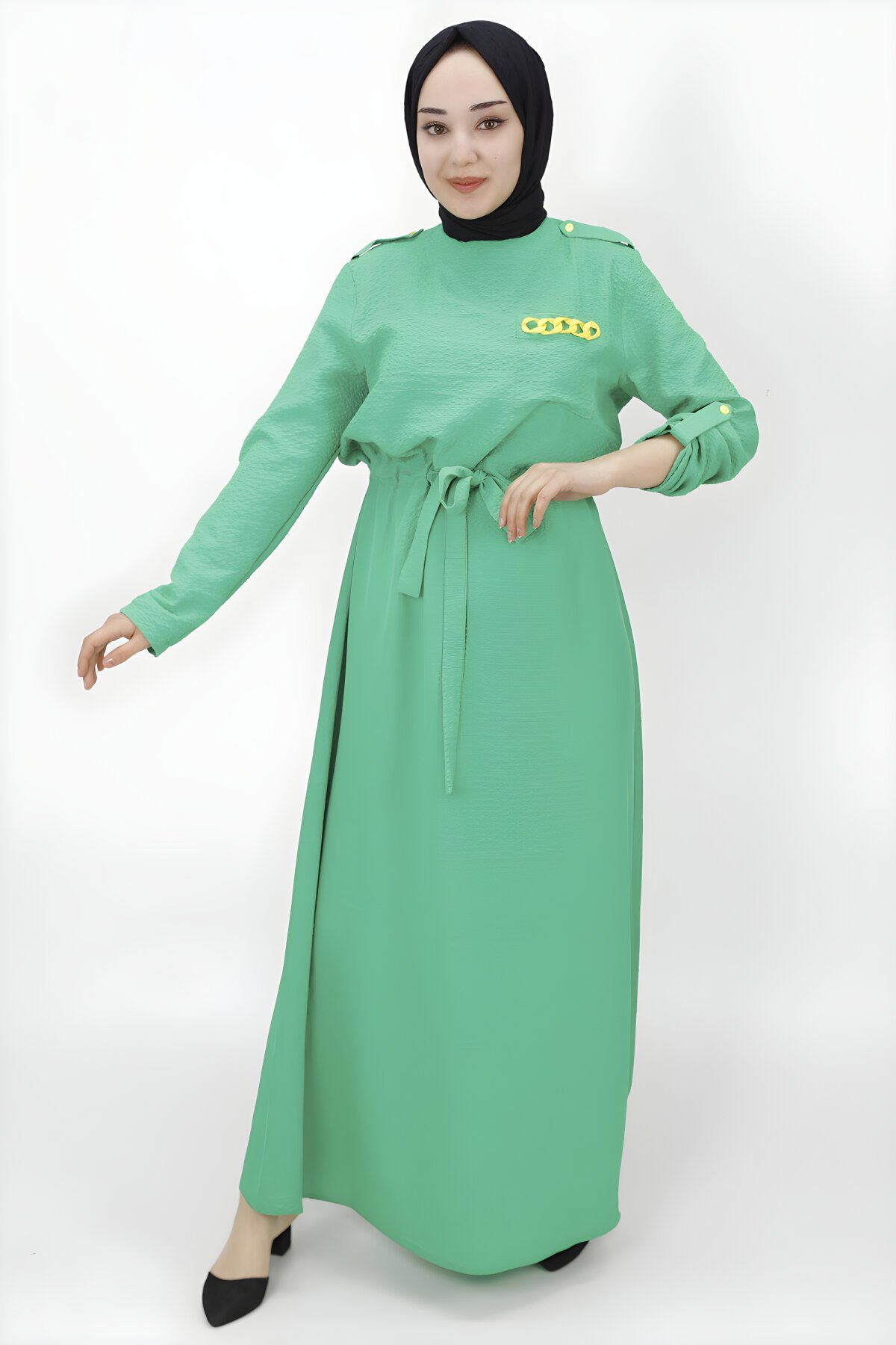 Yeşil Bürümcük Cep Zincir Detaylı Tesettür Elbise - Butik