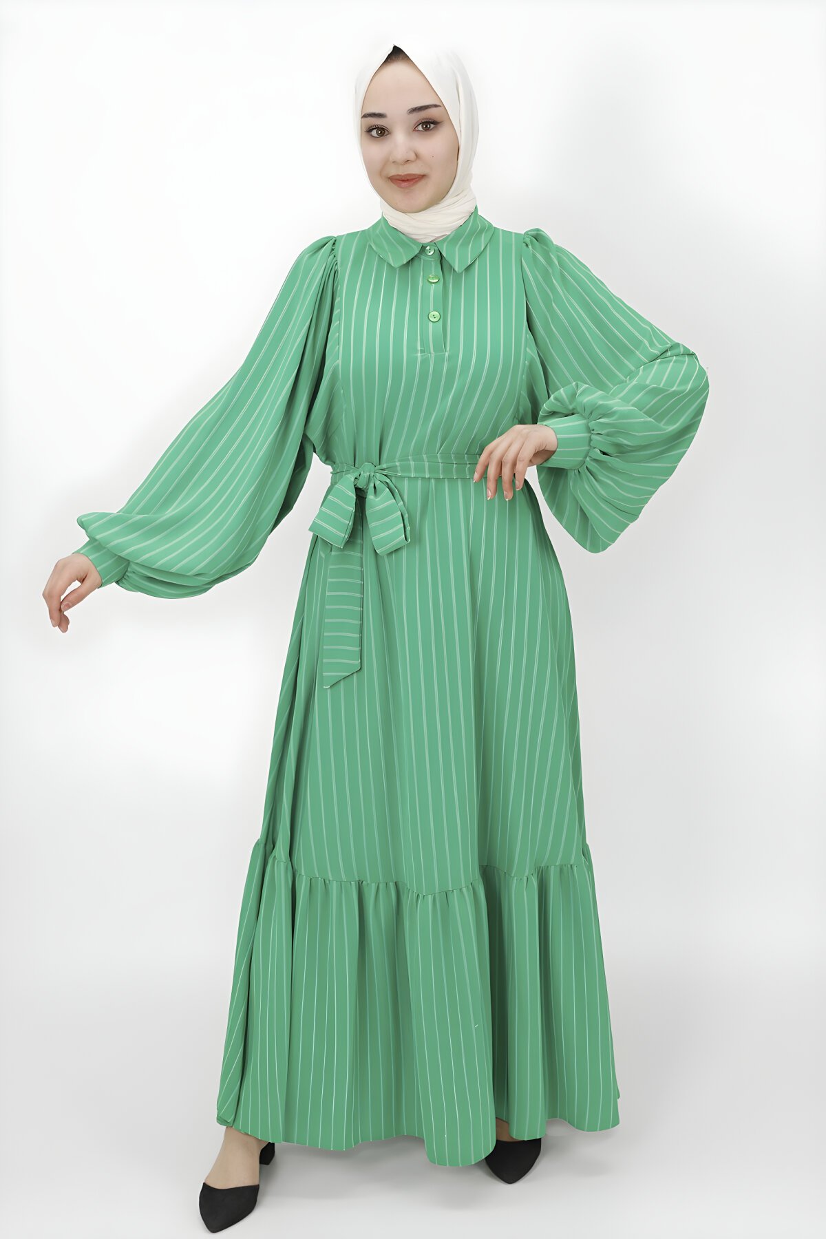 Yeşil Çizgi Desenli Balok Kol Tesettür Elbise - Butik