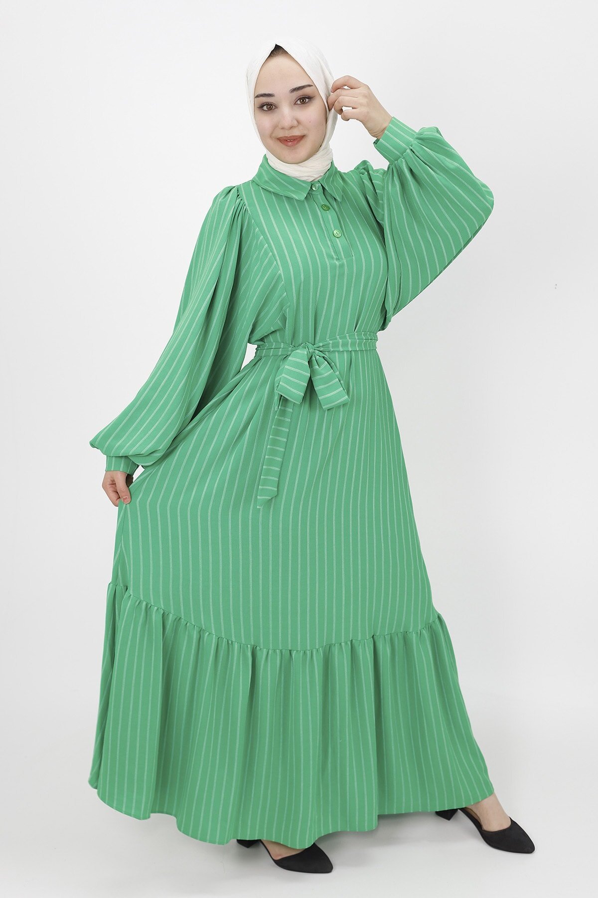 Yeşil Çizgi Desenli Balok Kol Tesettür Elbise - Butik